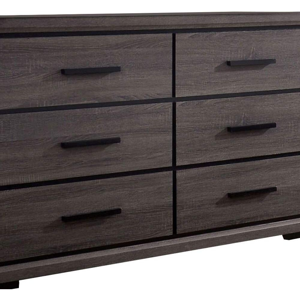 Wooden Dresser with 6 Drawers and Finger Pull Handle, Gray and Black