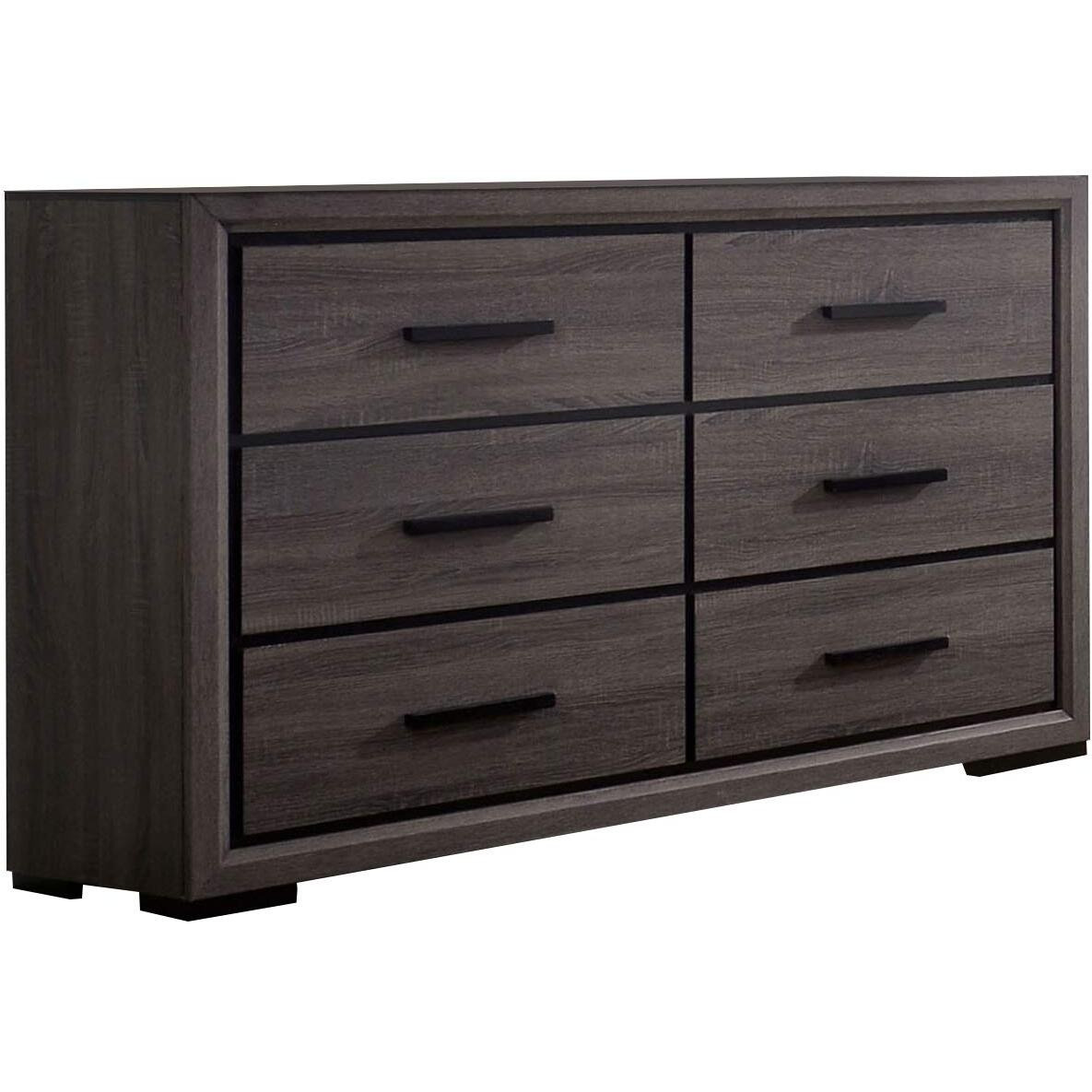 Wooden Dresser with 6 Drawers and Finger Pull Handle, Gray and Black