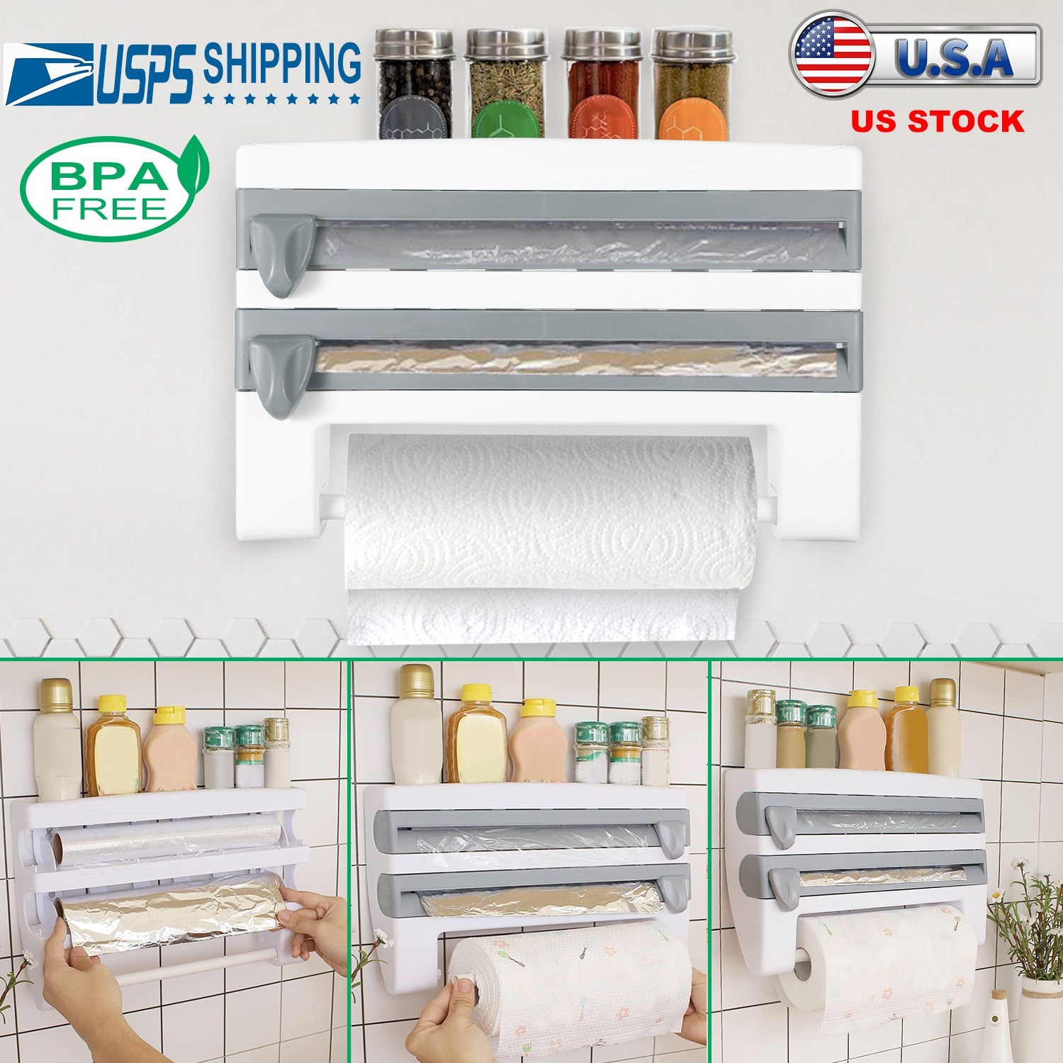 Kitchen Roll Dispenser Paper Roll Holder Plastic Wrap Film Foil Paper Organizer w/ Cutter Wall Mounted for Kitchen Bathroom