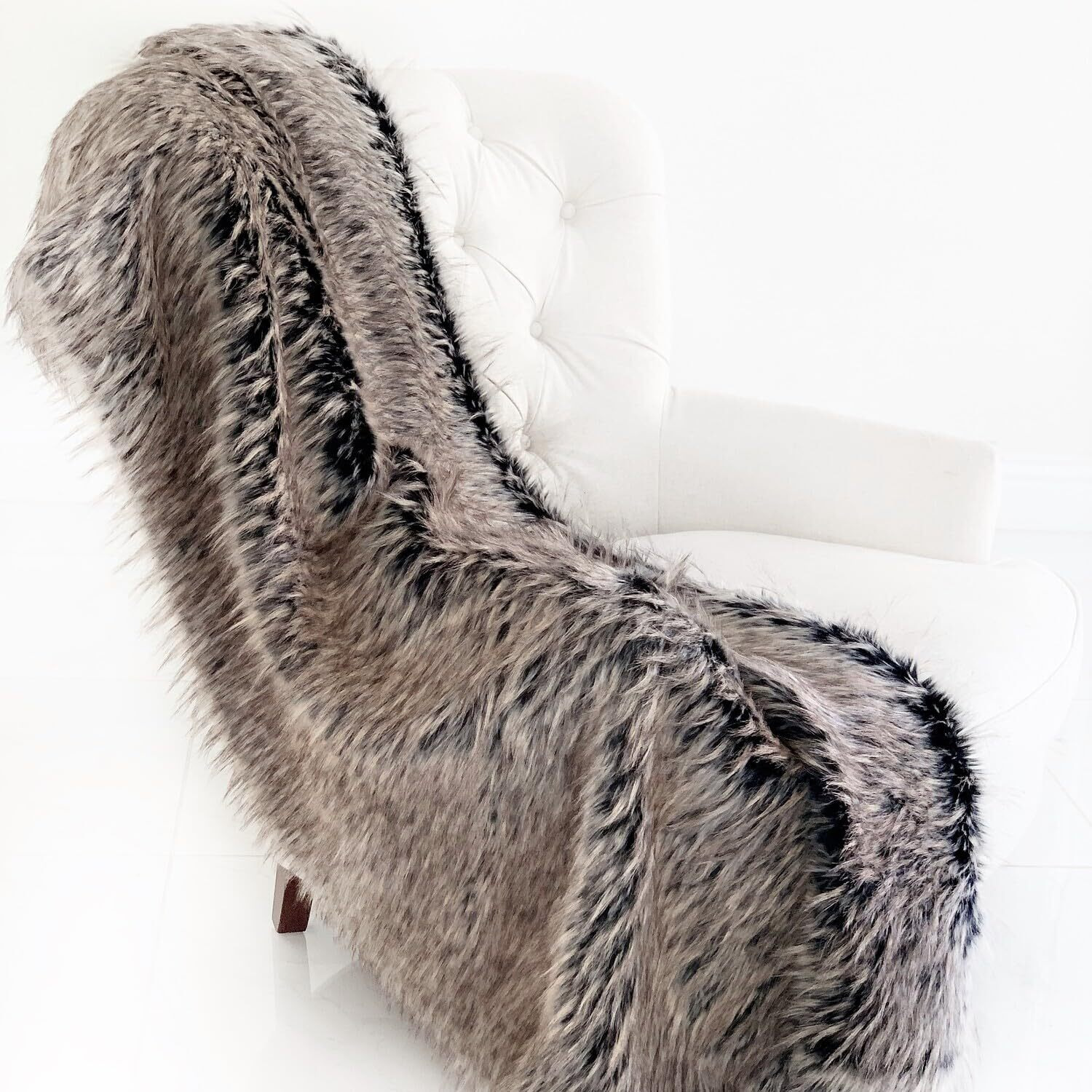 Plutus Foxy Brown Gray Plush Handmade Luxury Faux Fur Throw Blanket 80L x 110W Full- Gray