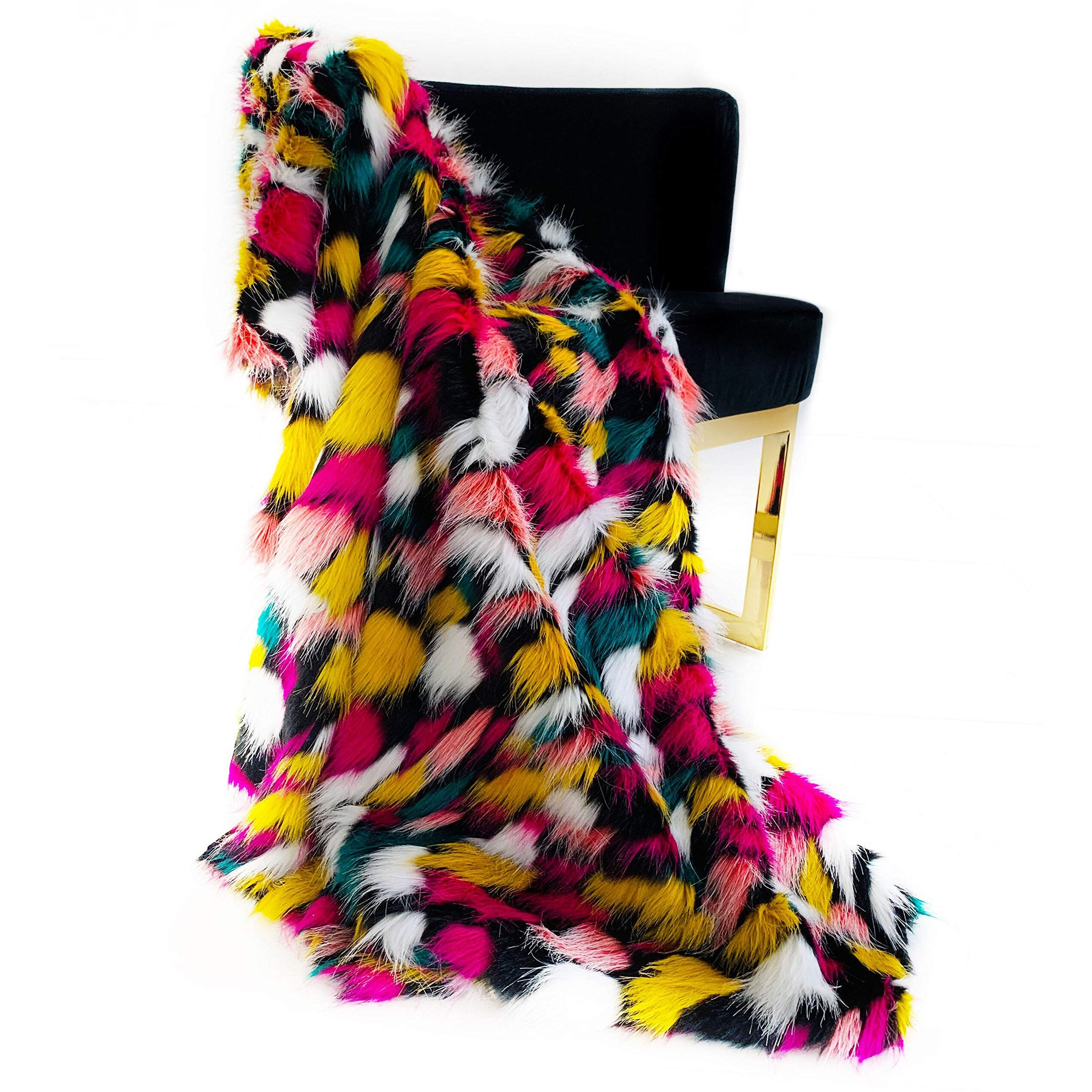Plutus Purple, Yellow, Black  Amazonian Bird Faux Fur Luxury Throw Blanket Blanket 114L x 120W King- Purple, Yellow, Black