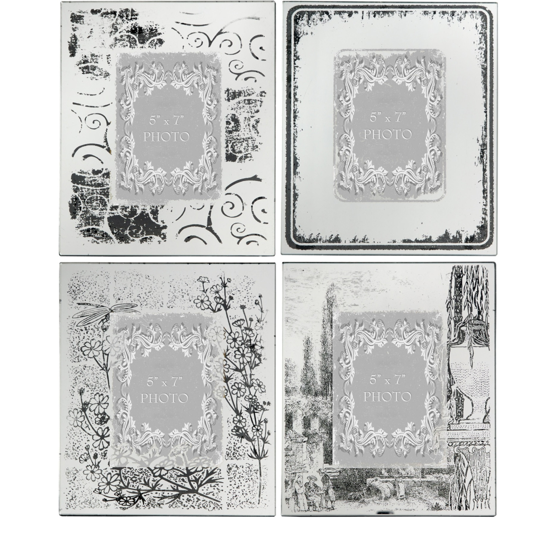 Modern Etched Wooden Photo Frames, Large, Set of 4, Silver