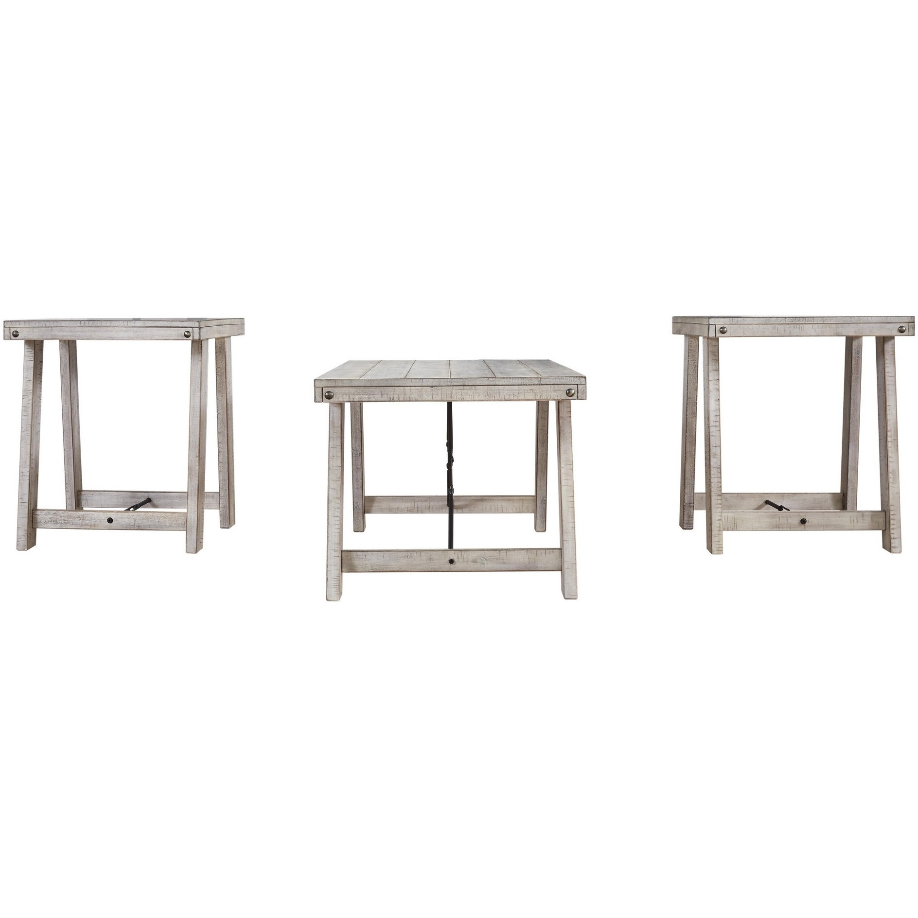 Wooden Table Set with Canted Legs and Tension Bars, Washed White