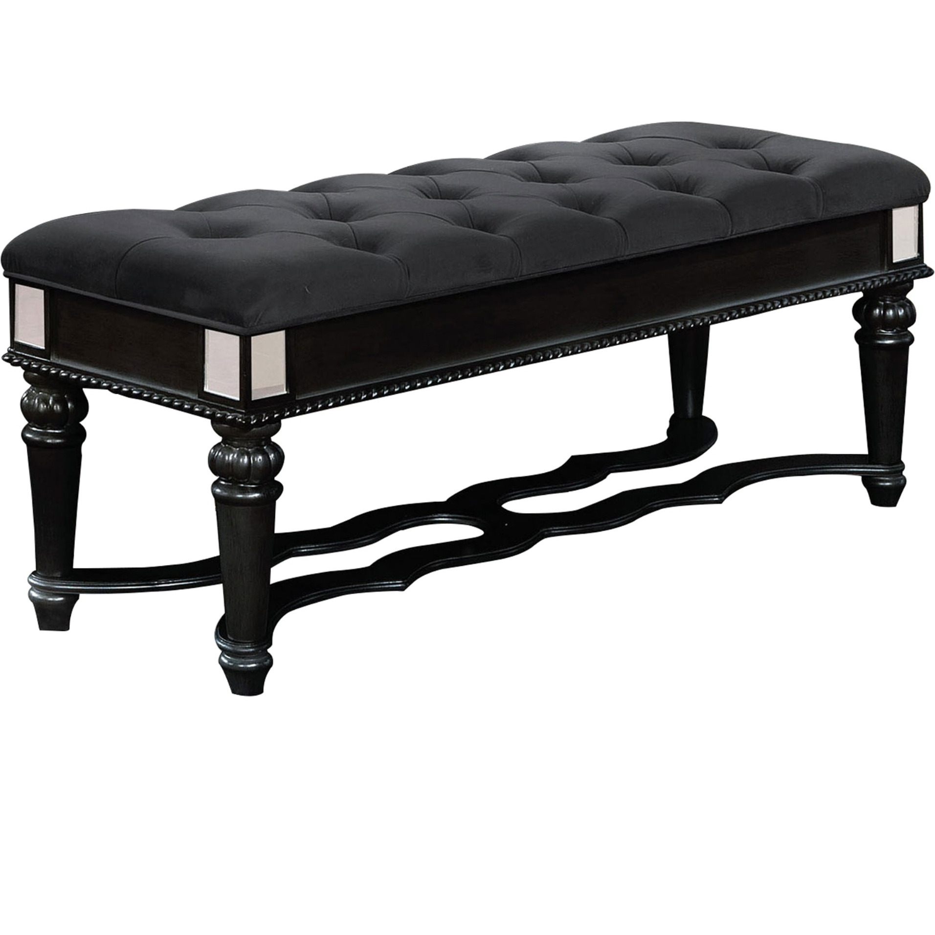 Fabric Padded Bench with Deep Button Tufting and Turned Legs, Black