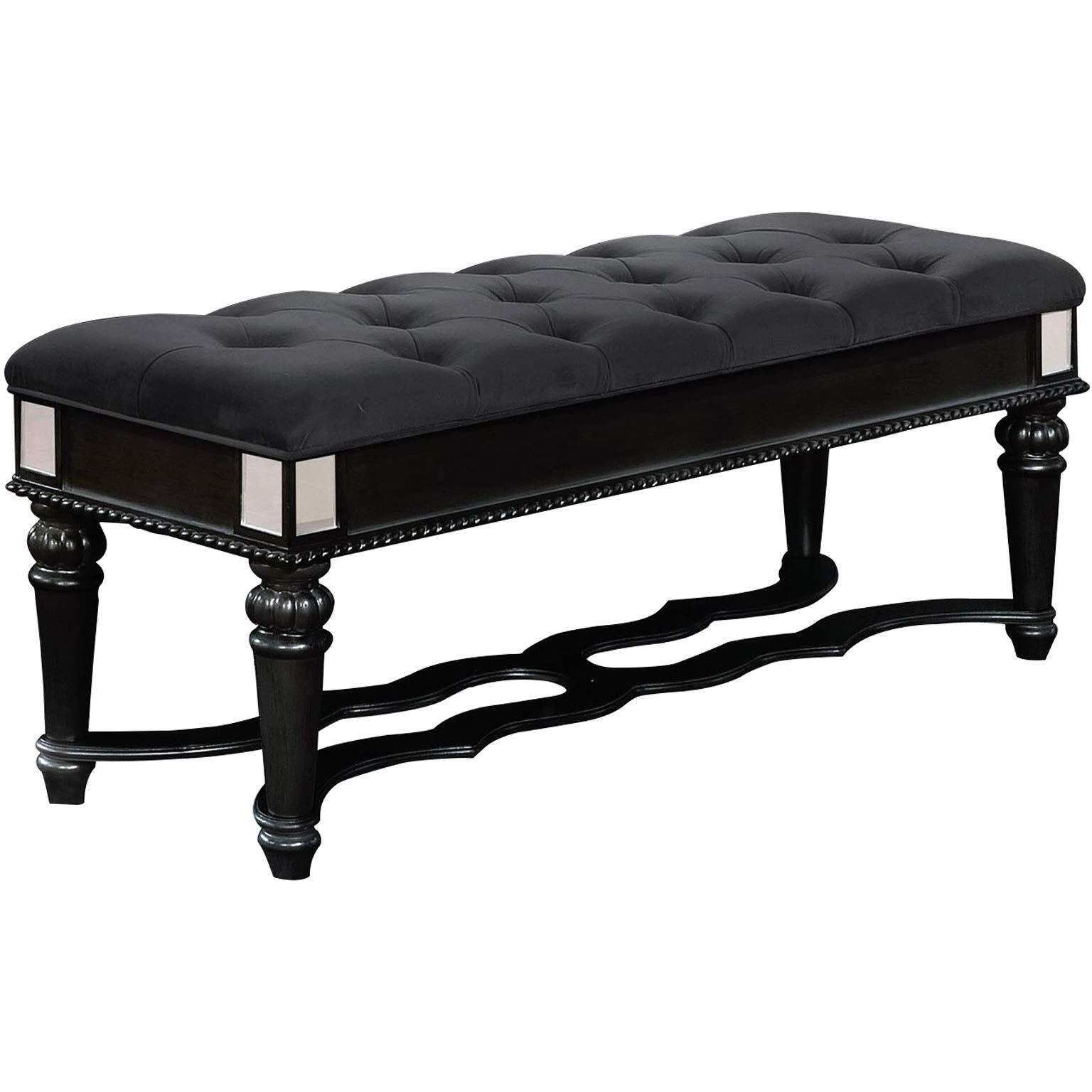 Fabric Padded Bench with Deep Button Tufting and Turned Legs, Black