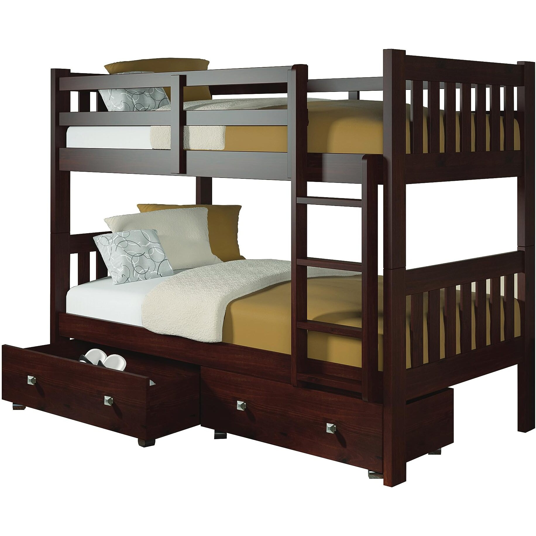 TWIN/TWIN MISSION BUNK BED W/DUAL UNDER BED DRAWERS IN CAPPUCCINO