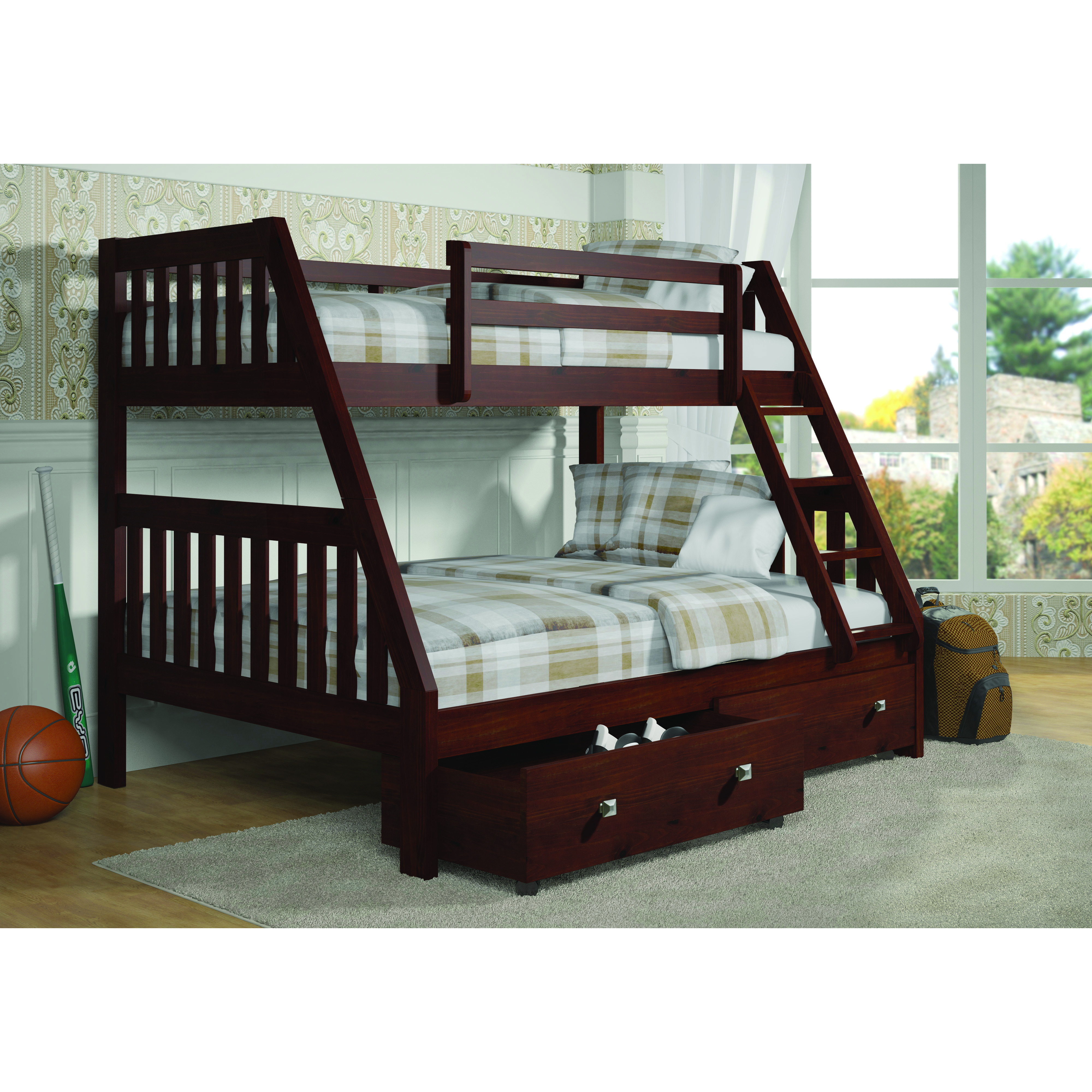 TWIN/FULL MISSION BUNK BED W/DUAL UNDER BED DRAWERS IN DARK CAPPUCCINO FINISH