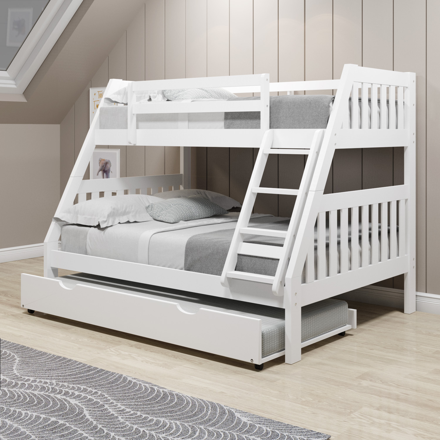 TWIN/FULL MISSION BUNK BED W/TWIN TRUNDLE BED IN WHITE FINISH