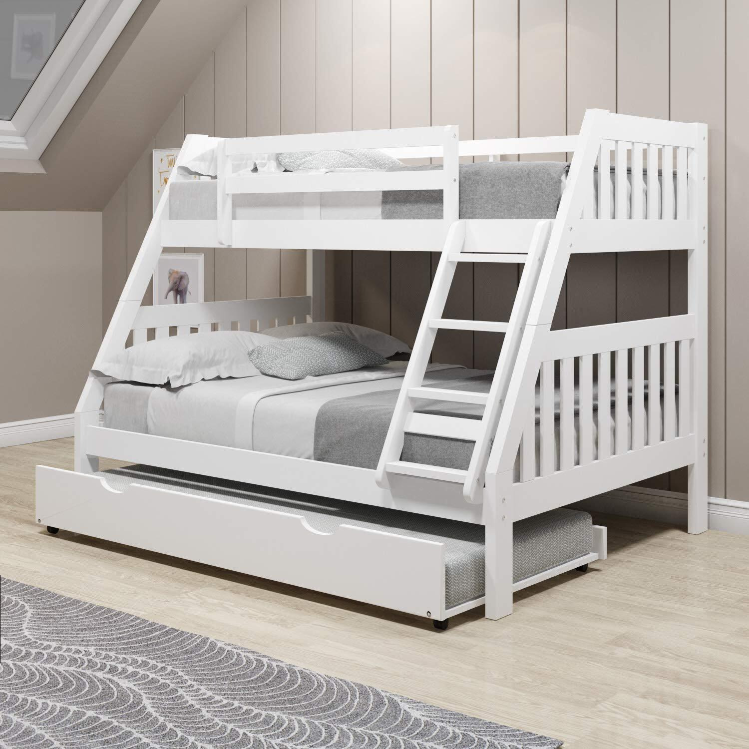 TWIN/FULL MISSION BUNK BED W/TWIN TRUNDLE BED IN WHITE FINISH