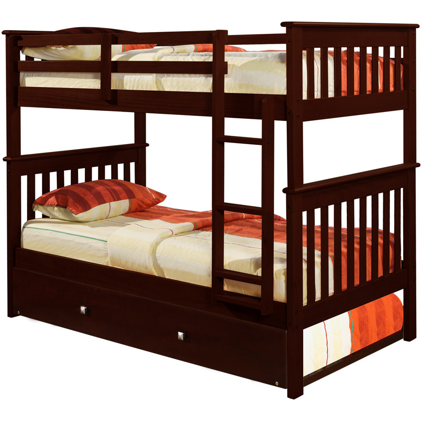 TWIN/TWIN MISSION BUNK BED WITH TRUNDLE BED CAPPUCCINO FINISH