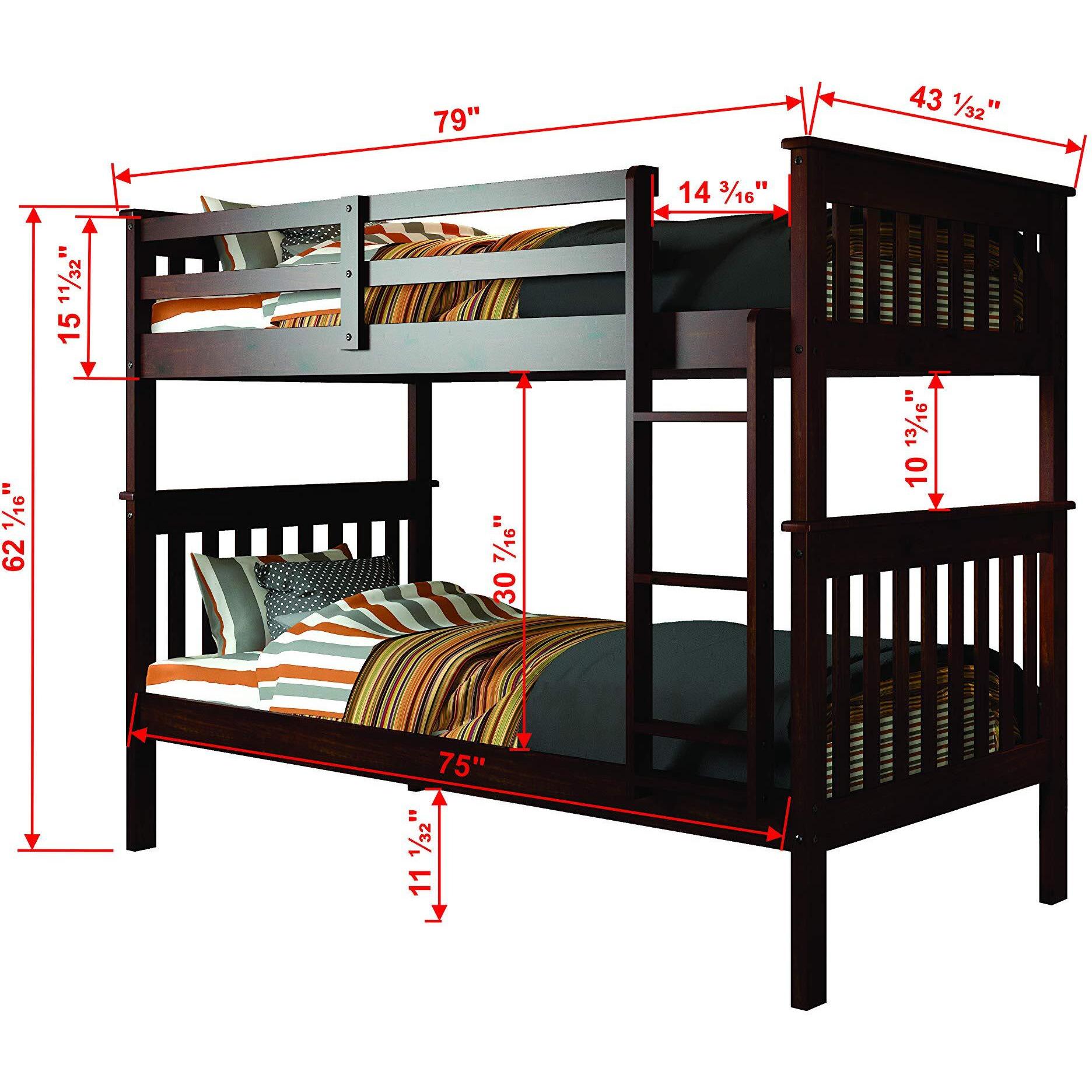 TWIN/TWIN MISSION BUNK BED WITH TRUNDLE BED CAPPUCCINO FINISH
