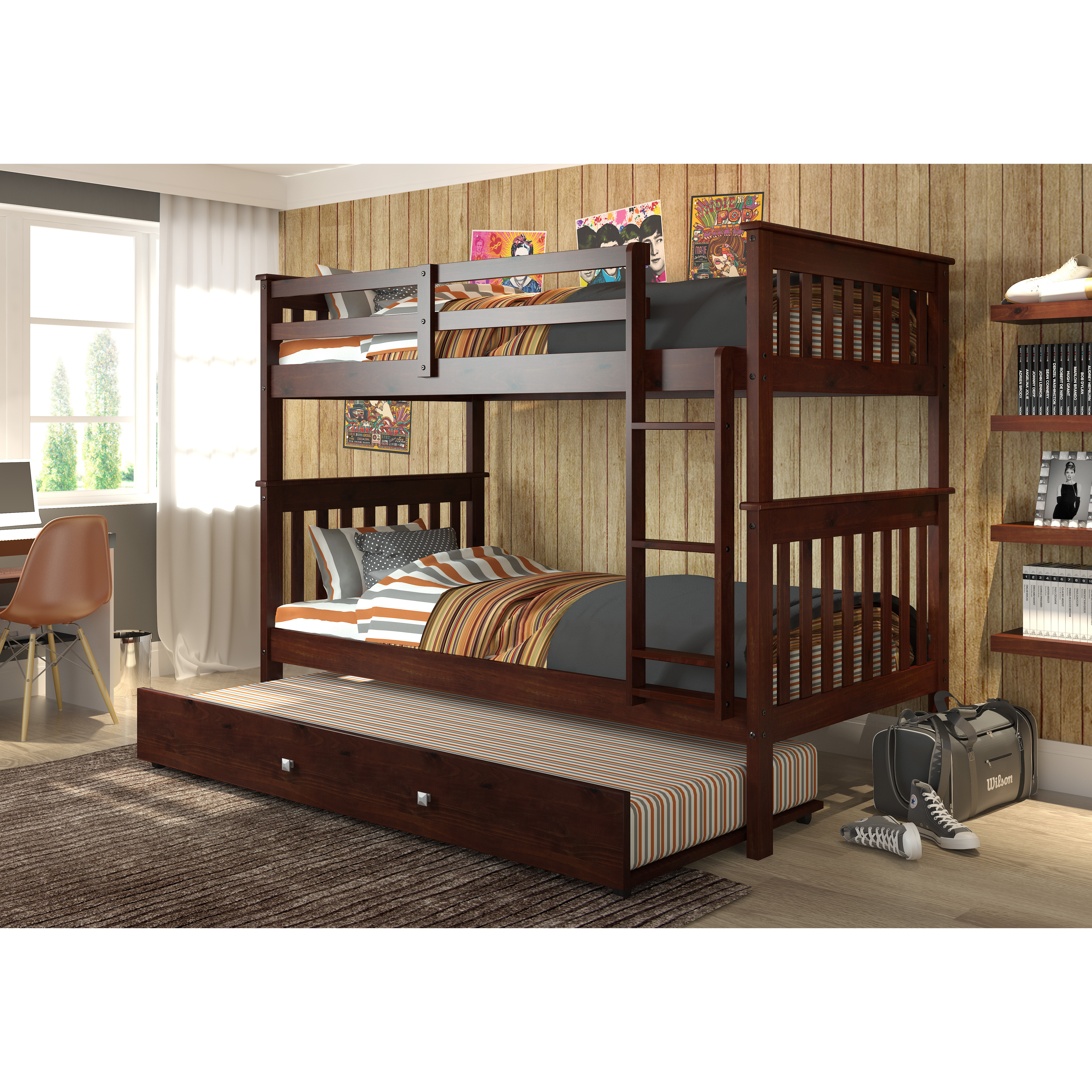 TWIN/TWIN MISSION BUNK BED WITH TRUNDLE BED CAPPUCCINO FINISH