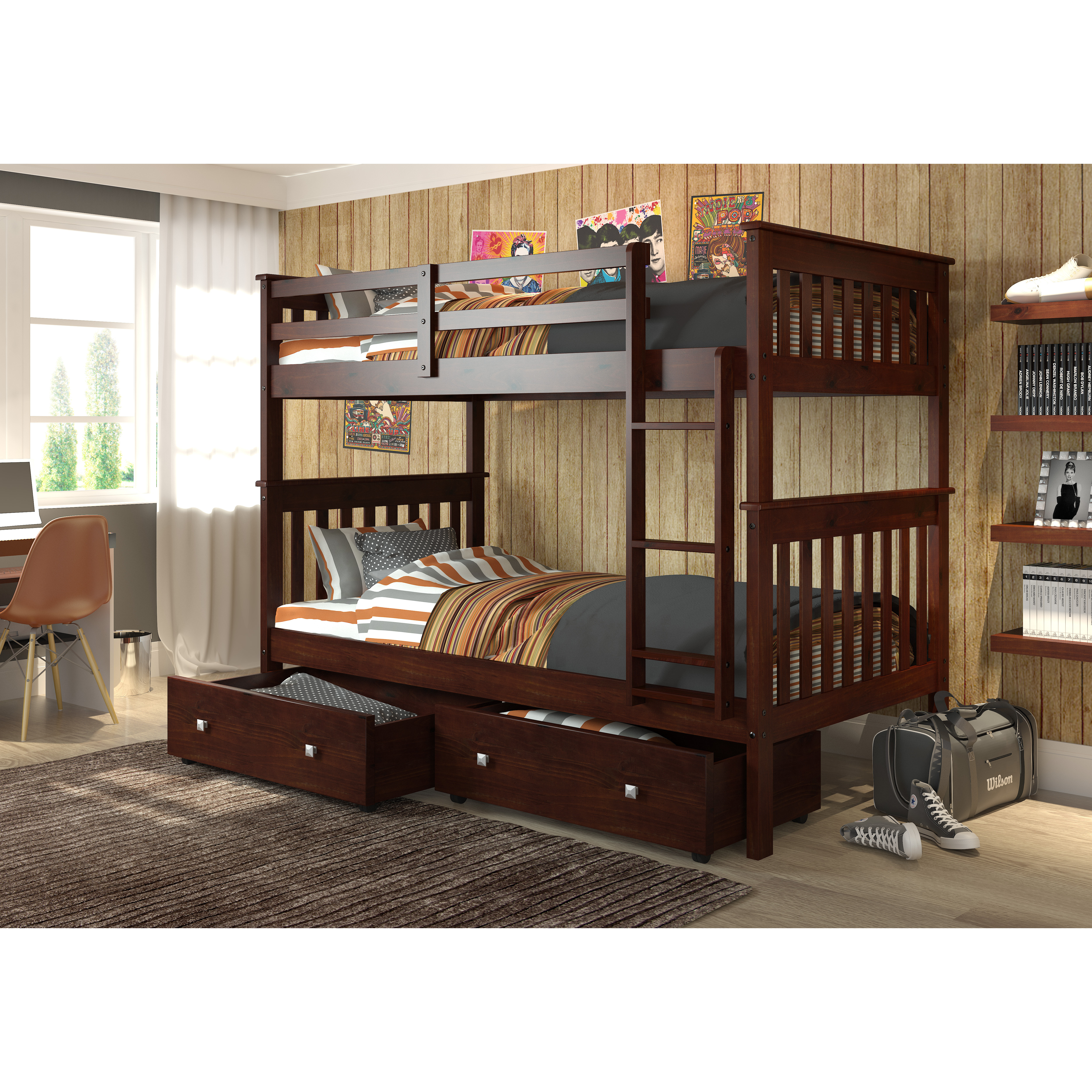TWIN/TWIN MISSION BUNK BED WITH UNDER BED DRAWERS CAPPUCCINO FINISH