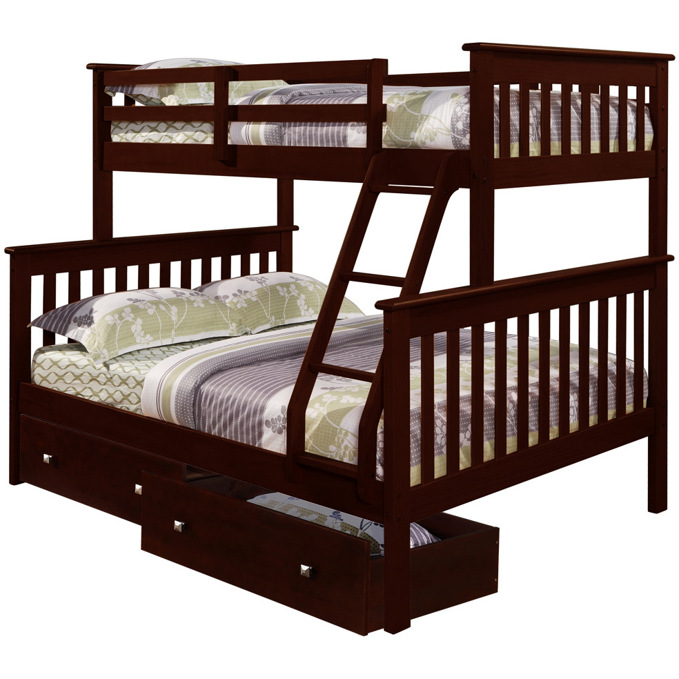 TWIN/FULL MISSION BUNK BED W/DUAL UNDER BED DRAWERS IN DARK CAPPUCCINO FINISH