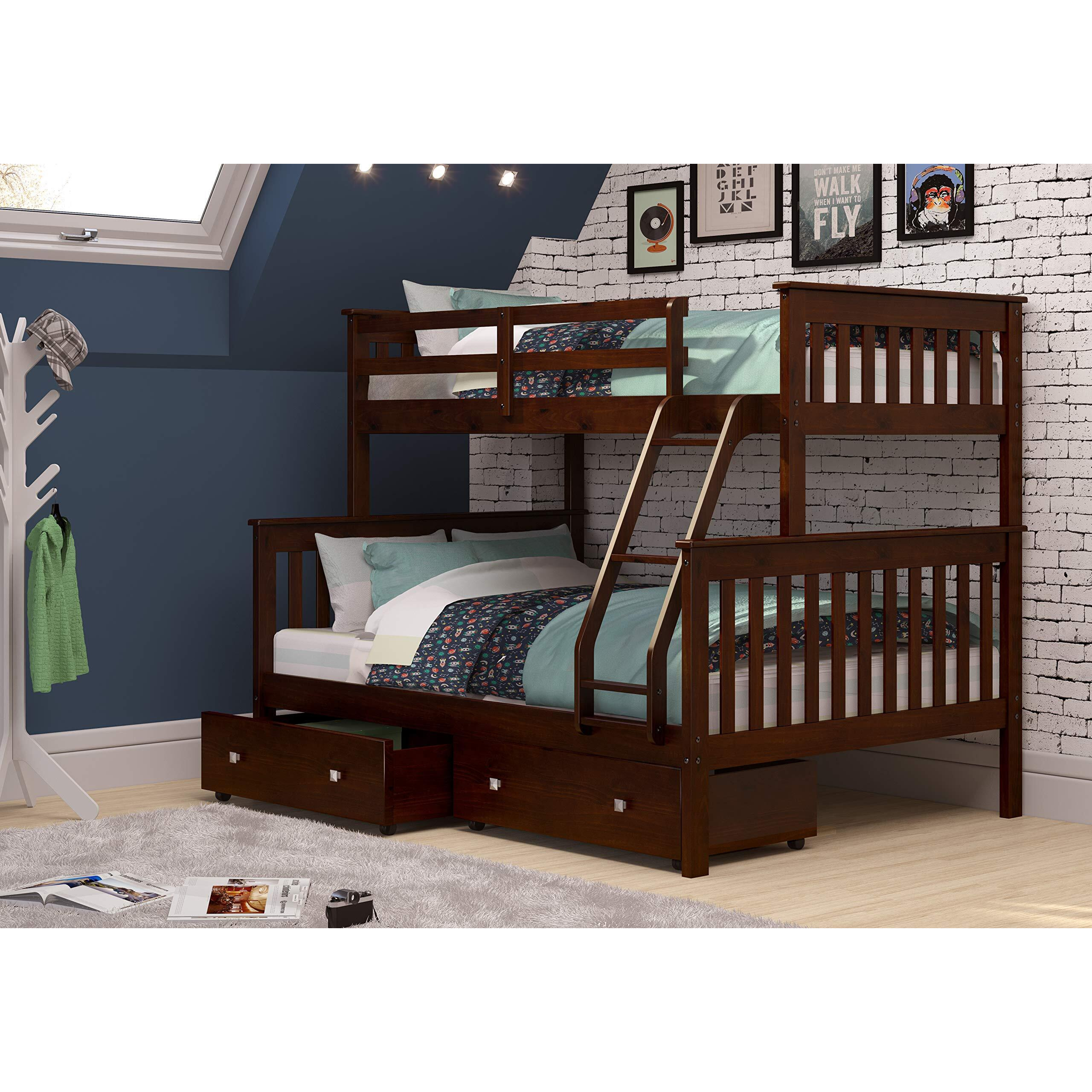 TWIN/FULL MISSION BUNK BED W/DUAL UNDER BED DRAWERS IN DARK CAPPUCCINO FINISH