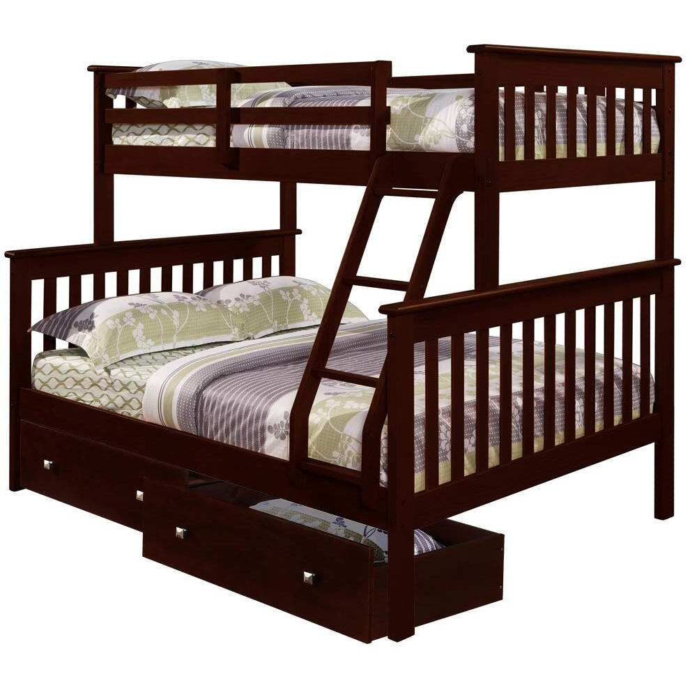 TWIN/FULL MISSION BUNK BED W/DUAL UNDER BED DRAWERS IN DARK CAPPUCCINO FINISH
