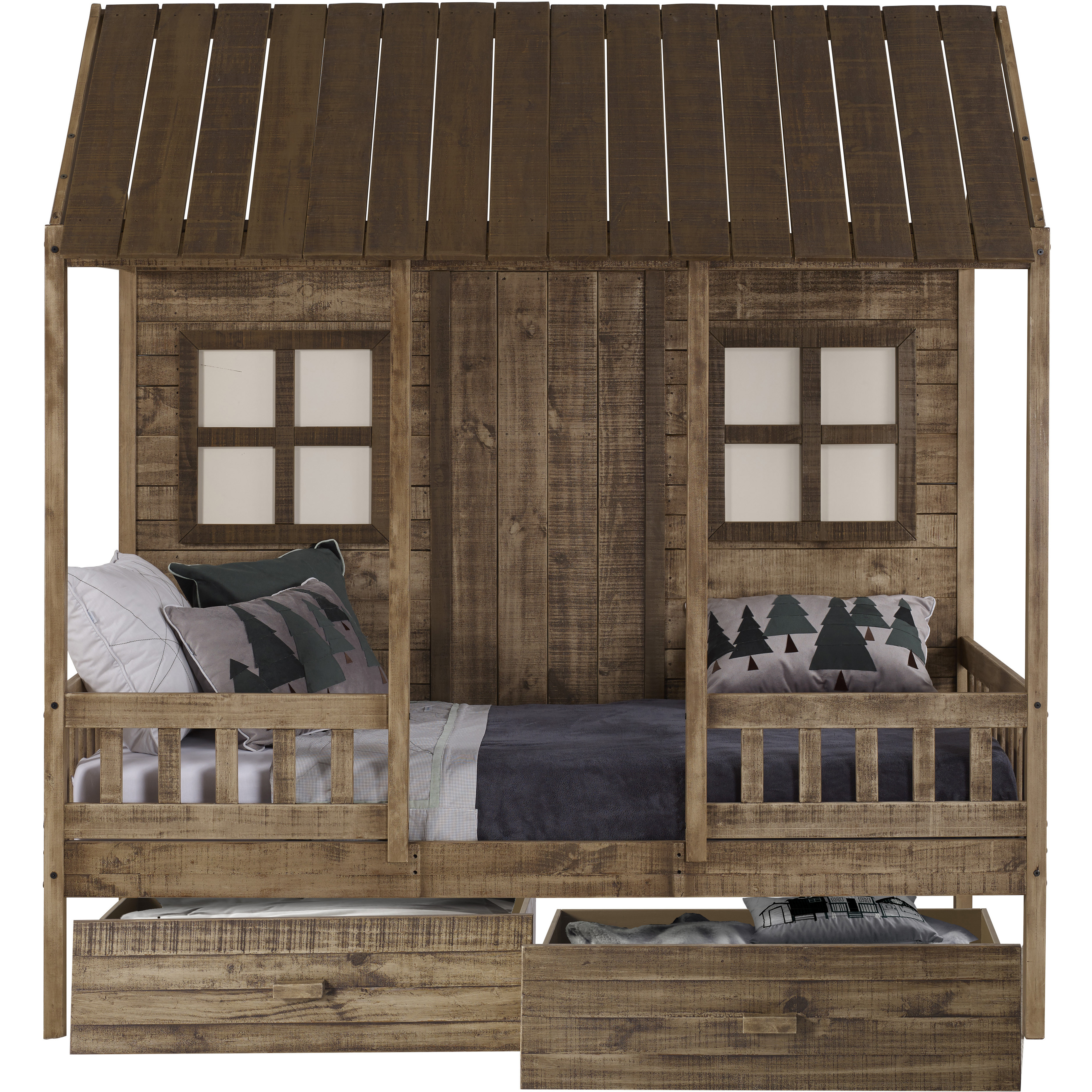 TWIN FRONT PORCH LOW LOFT IN RUSTIC DRIFTWOOD FINISH W/DUAL UNDERBED DRAWERS