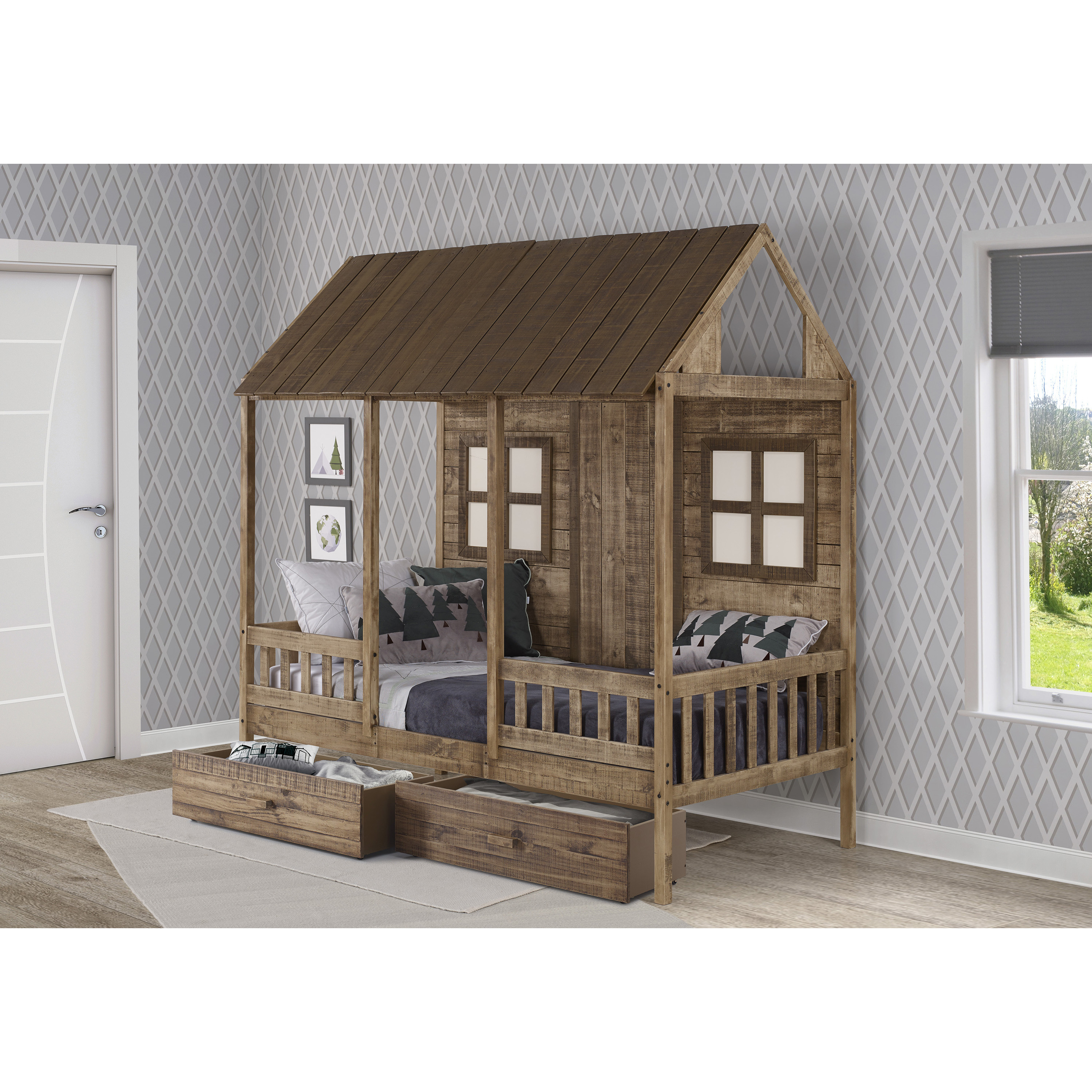 TWIN FRONT PORCH LOW LOFT IN RUSTIC DRIFTWOOD FINISH W/DUAL UNDERBED DRAWERS