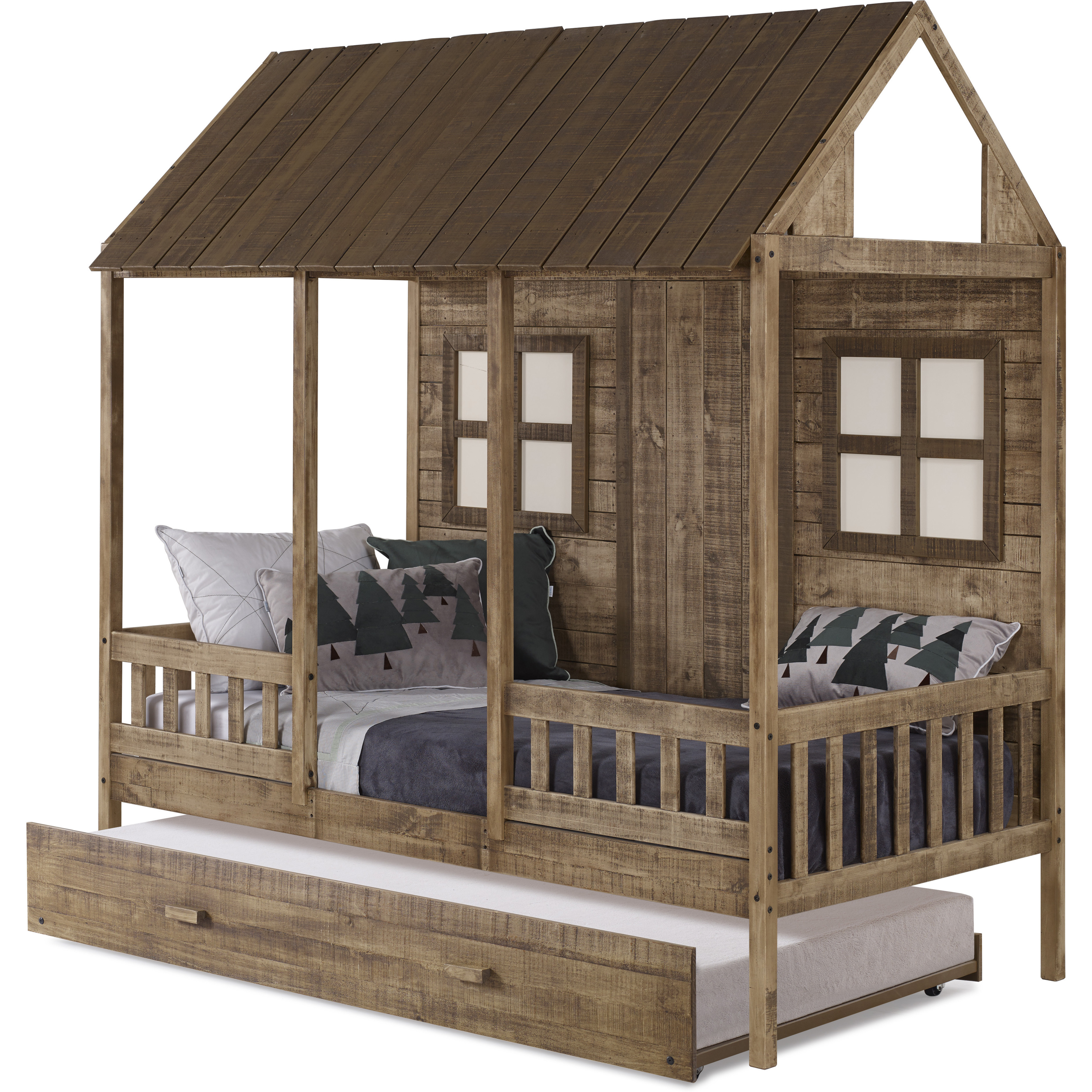 TWIN FRONT PORCH LOW LOFT IN RUSTIC DRIFTWOOD FINISH W/TWIN TRUNDLE BED
