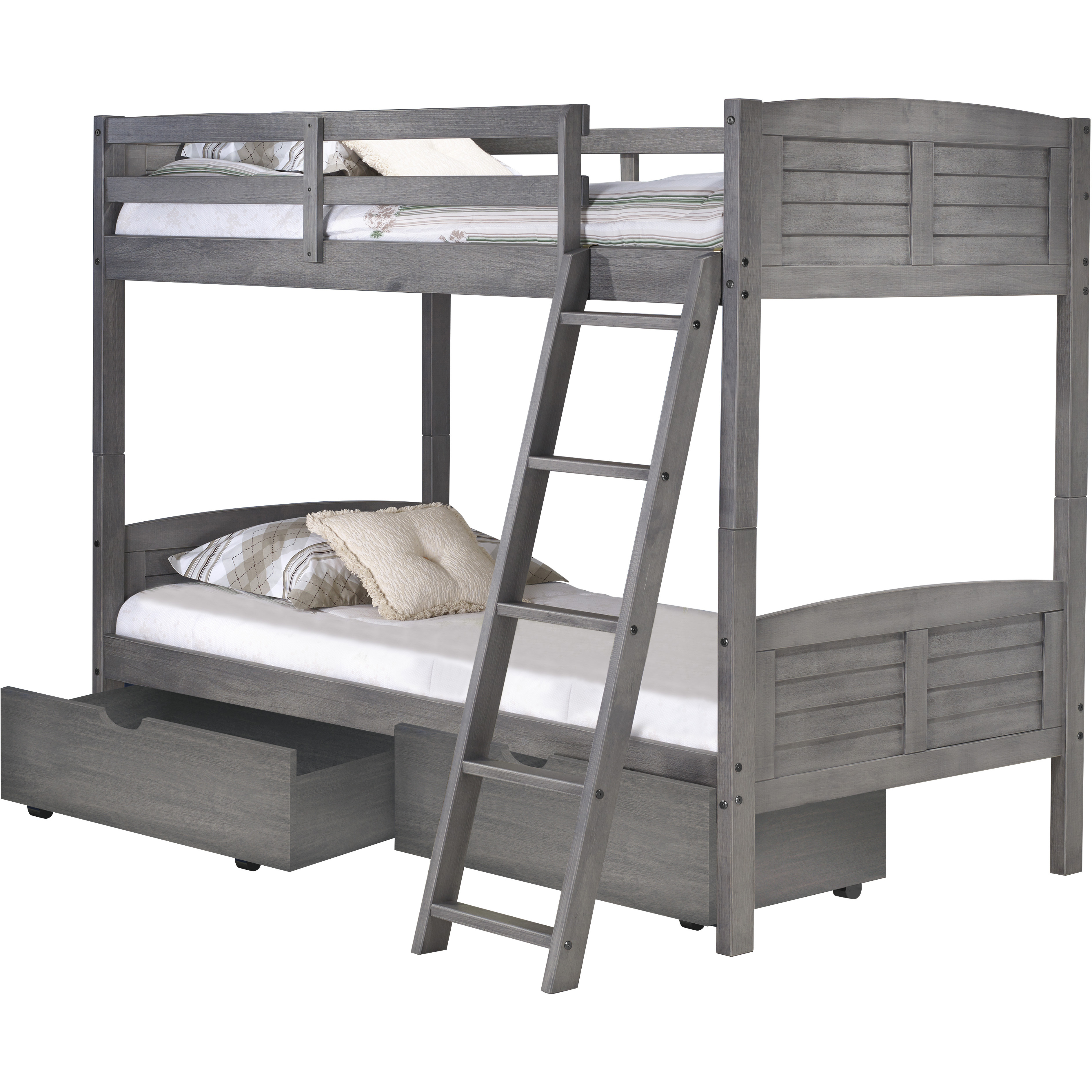 TWIN/TWIN LOUVER BUNK BED WITH DUAL UNDER BED DRAWERS IN ANTIQUE GREY FINISH