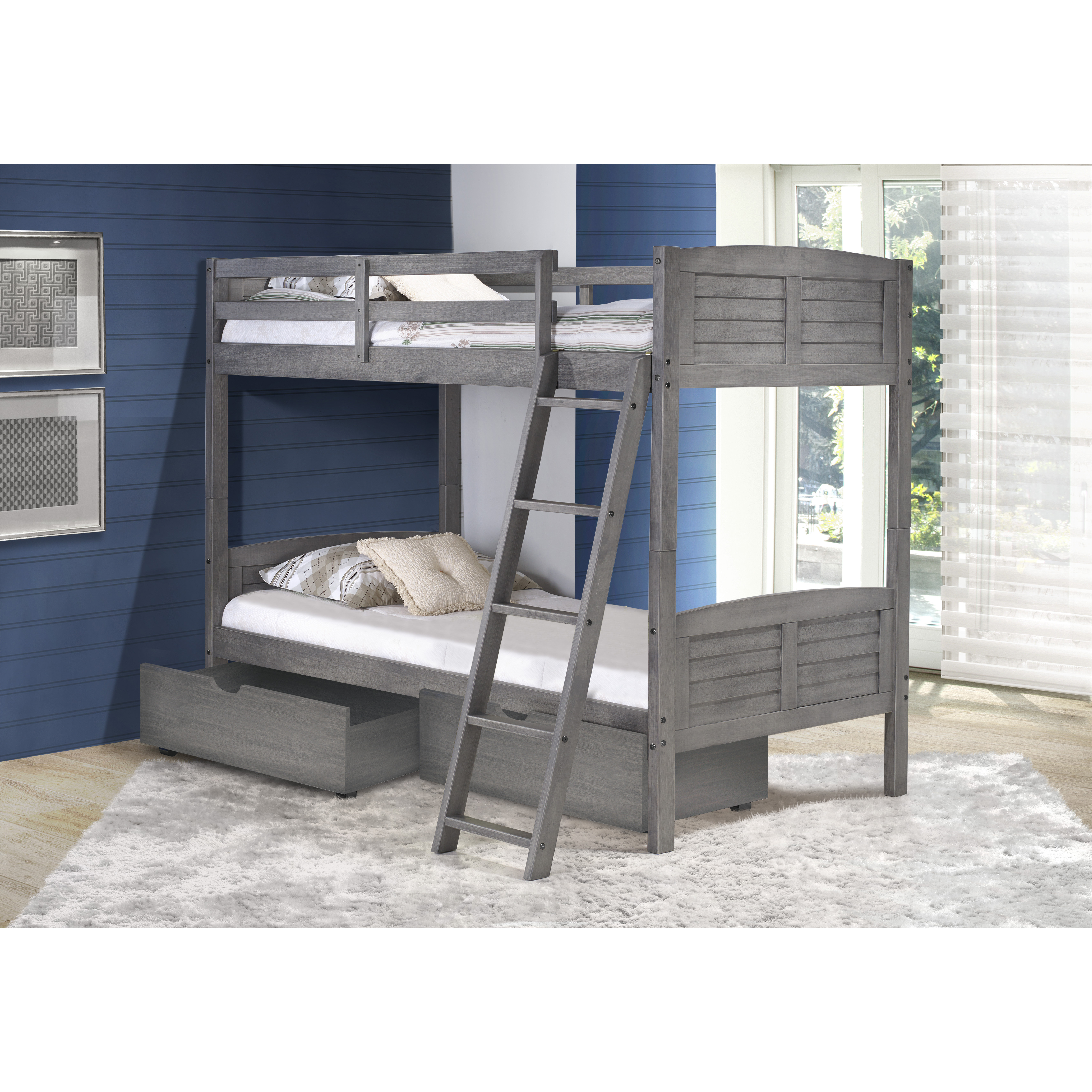 TWIN/TWIN LOUVER BUNK BED WITH DUAL UNDER BED DRAWERS IN ANTIQUE GREY FINISH