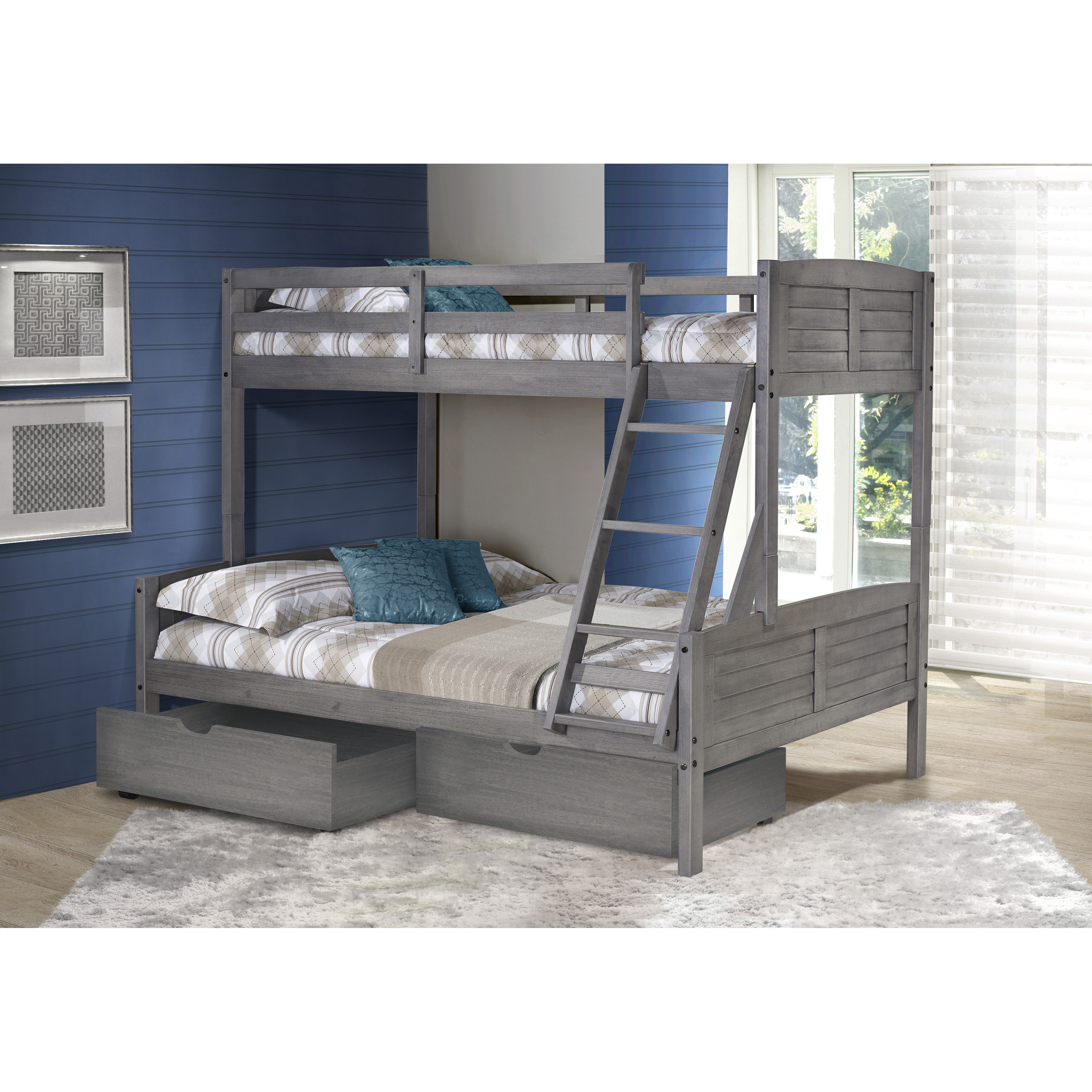 TWIN/FULL LOUVER BUNK BED WITH DUAL UNDER BED DRAWERS IN ANTIQUE GREY FINISH