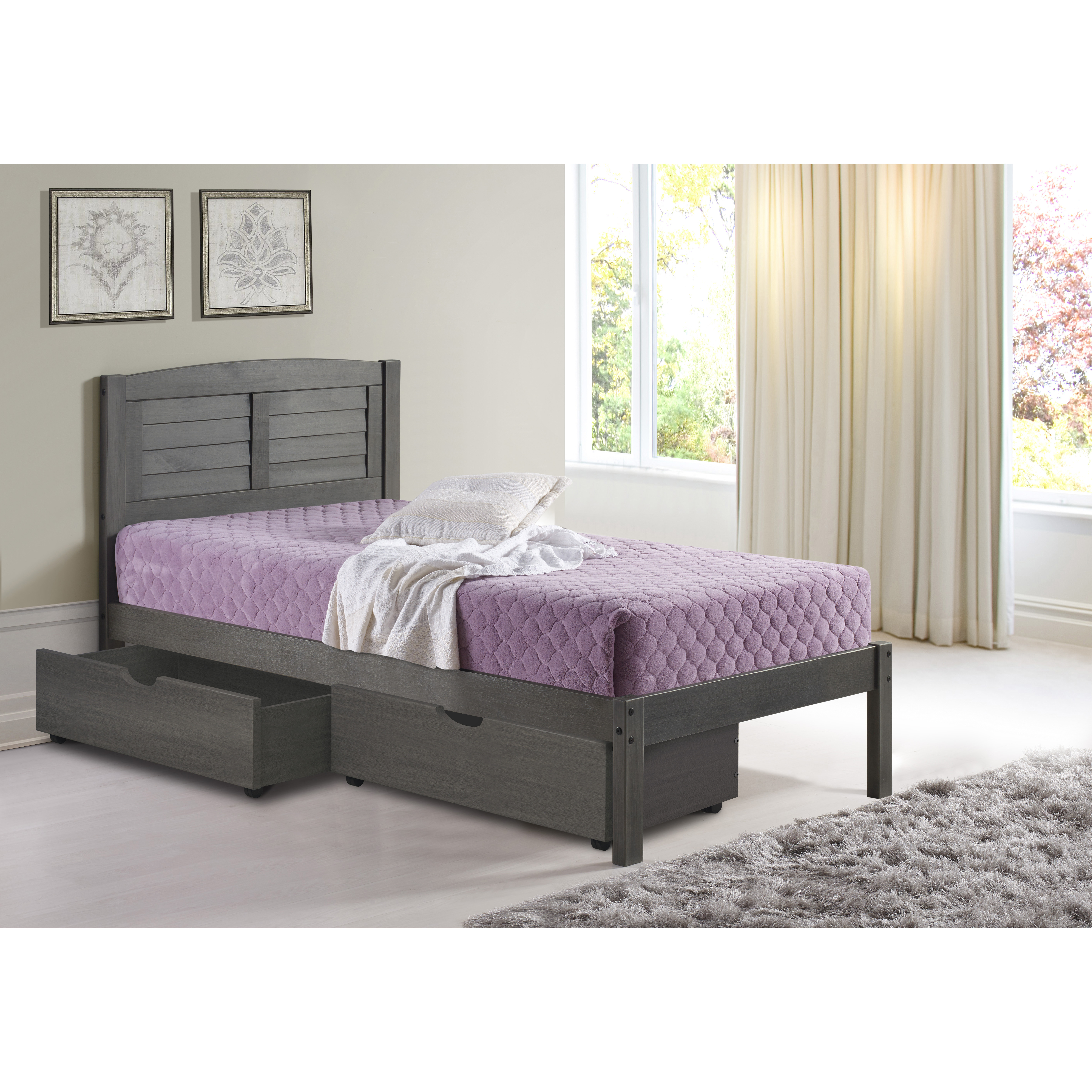 TWIN LOUVER BED WITH UNDER BED DRAWERS ANTIQUE GREY