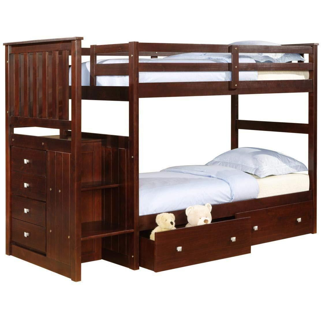 MISSION STAIRWAY BUNK BED WITH DUAL UNDERBED DRAWERS DARK CAPPUCCINO FINISH