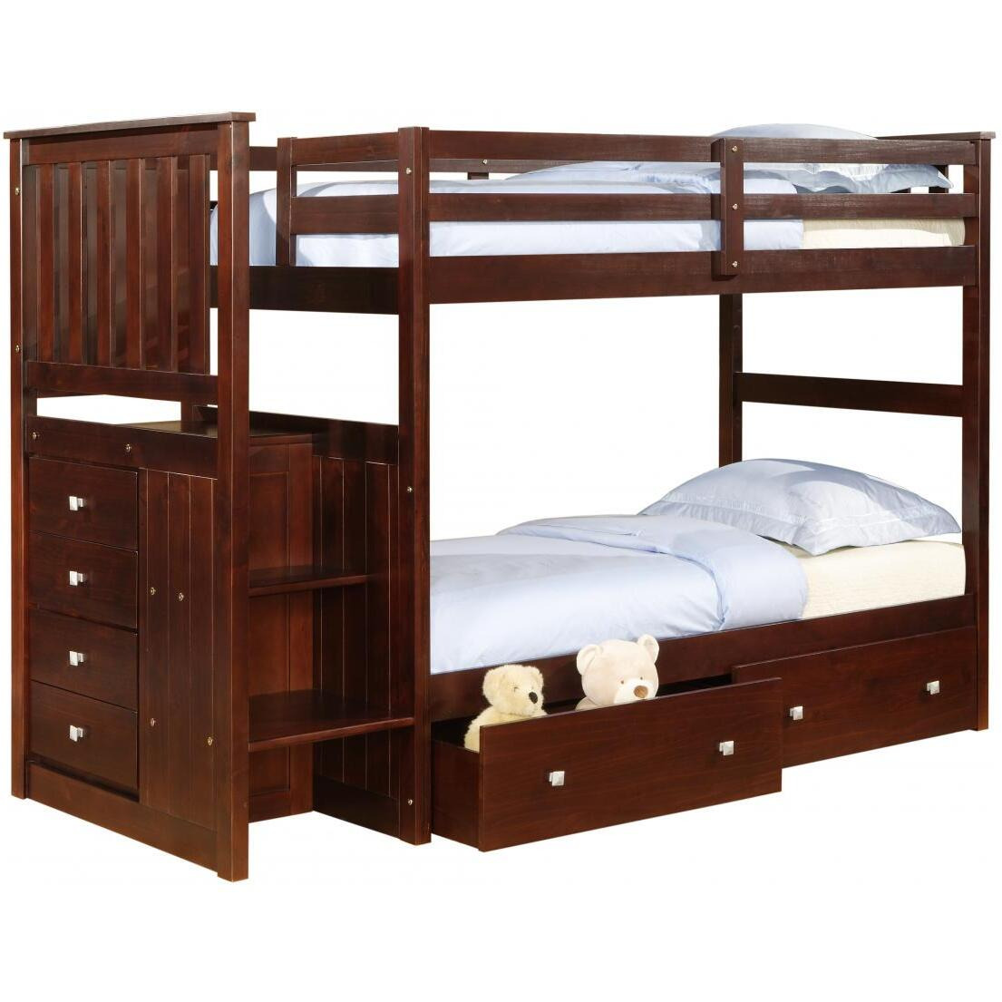 TWIN/FULL MISSION STAIRWAY BUNK BED WITH EXT KIT WITH DUAL UNDERBED DRAWERS CAPPUCCINO FINISH