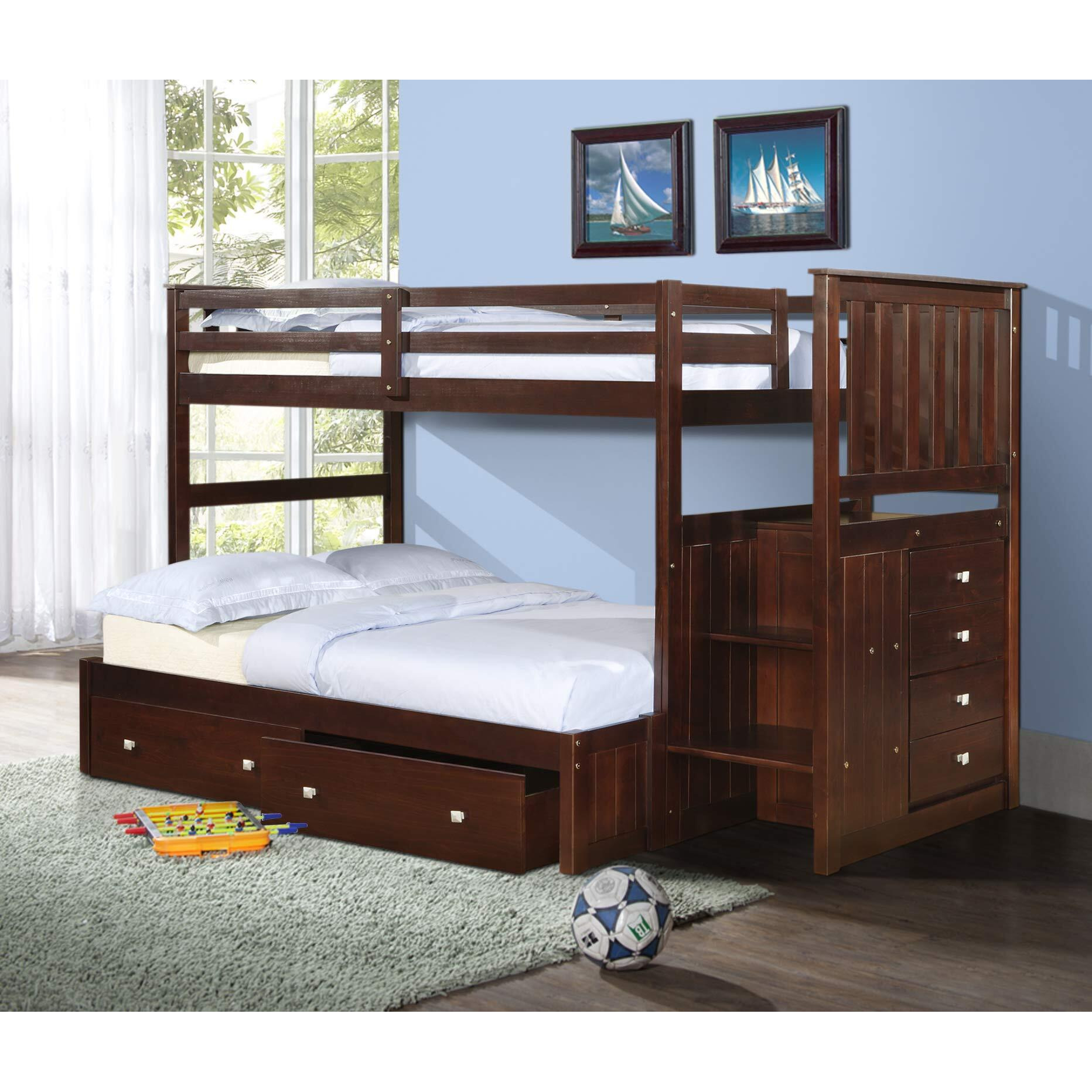 TWIN/FULL MISSION STAIRWAY BUNK BED WITH EXT KIT WITH DUAL UNDERBED DRAWERS CAPPUCCINO FINISH