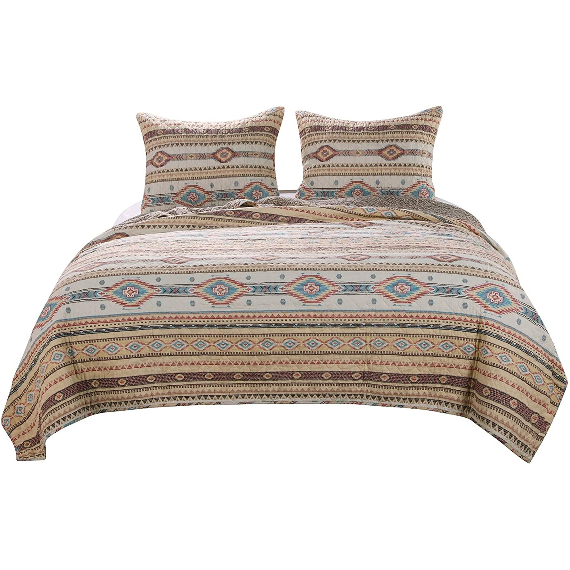 Full Size 3 Piece Polyester Quilt Set with Kilim Pattern, Multicolor