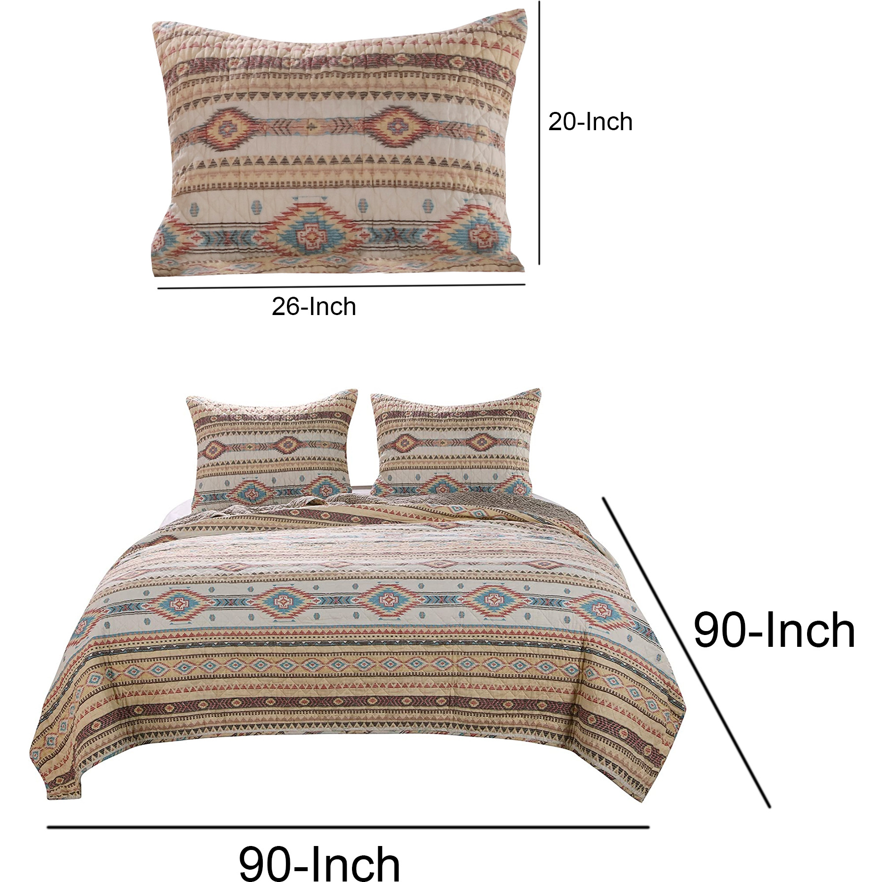 Full Size 3 Piece Polyester Quilt Set with Kilim Pattern, Multicolor