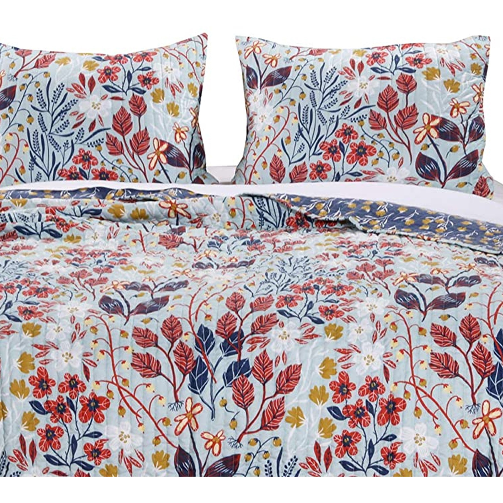 Twin Size 2 Piece Polyester Quilt Set with Floral Prints, Multicolor