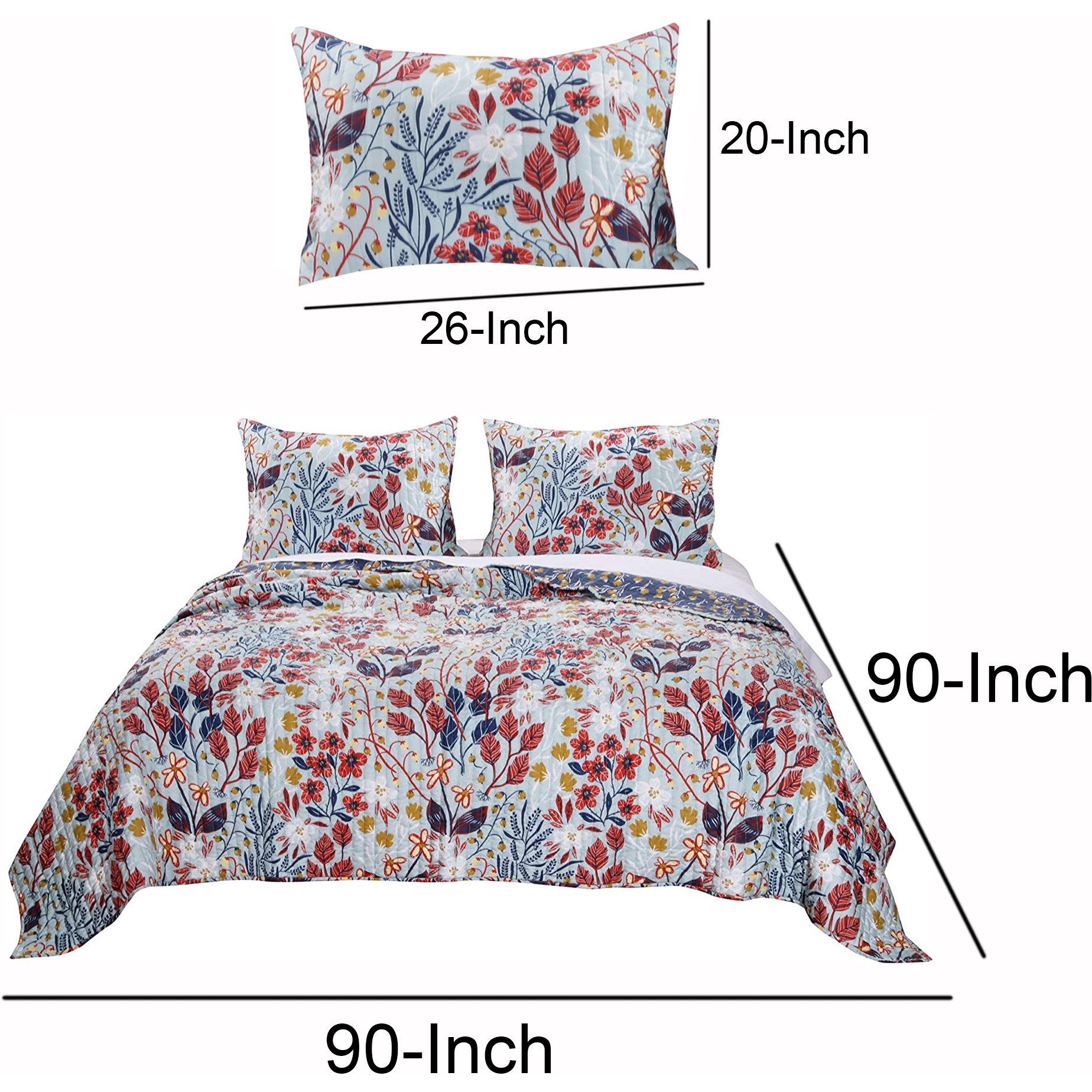 Full Size 3 Piece Polyester Quilt Set with Floral Prints, Multicolor
