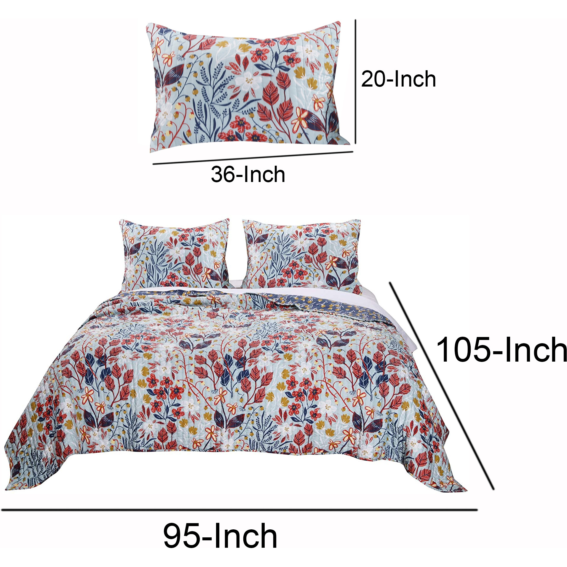 King Size 3 Piece Polyester Quilt Set with Floral Prints, Multicolor