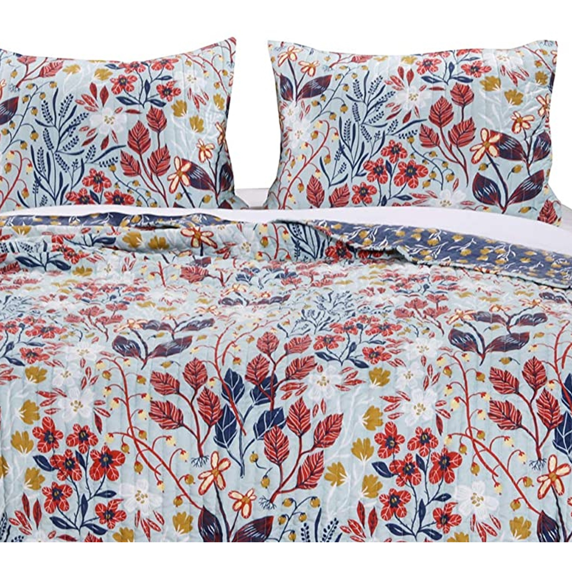 King Size 3 Piece Polyester Quilt Set with Floral Prints, Multicolor