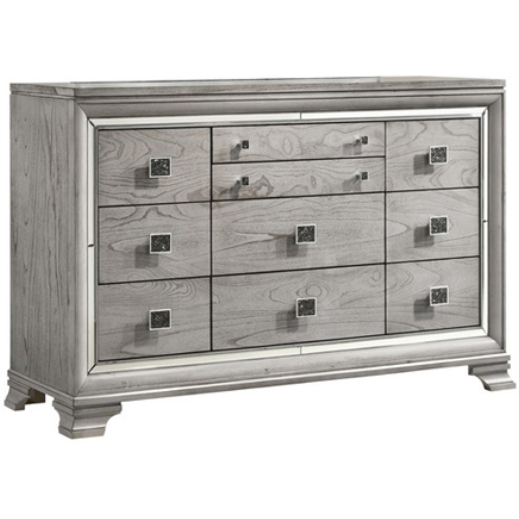 Beaded Wooden Frame Dresser with 10 Drawers, Gray and Silver
