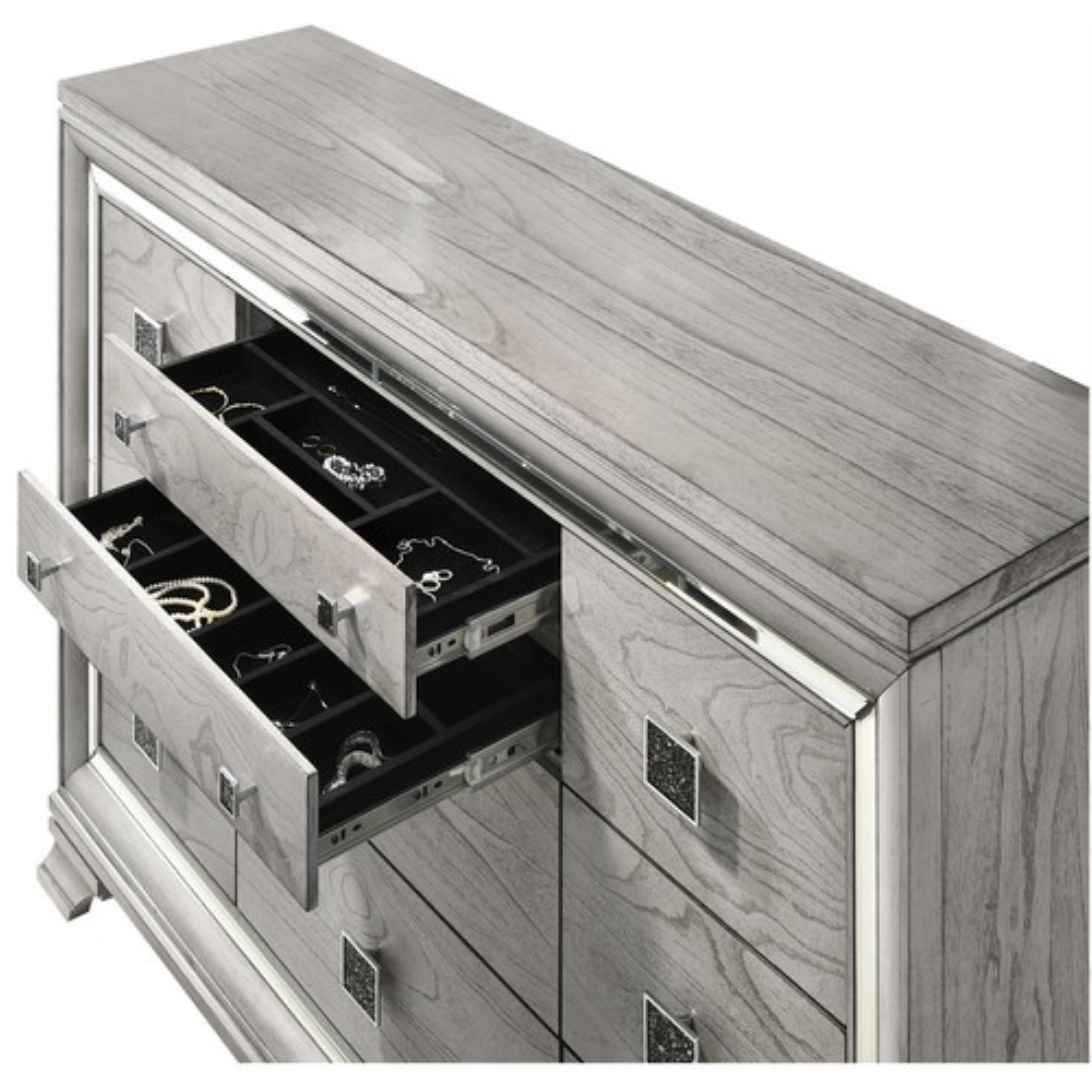 Beaded Wooden Frame Dresser with 10 Drawers, Gray and Silver