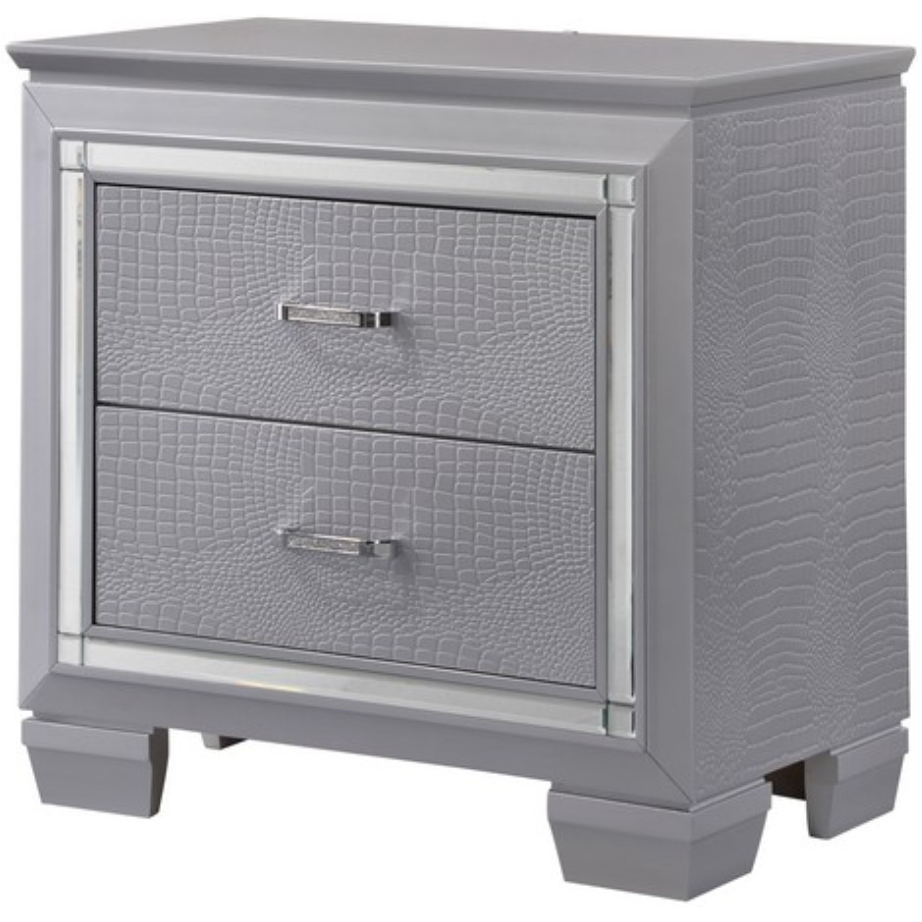 Two Drawer Wooden Nightstand with Textured Details and Mirror Accents, Gray
