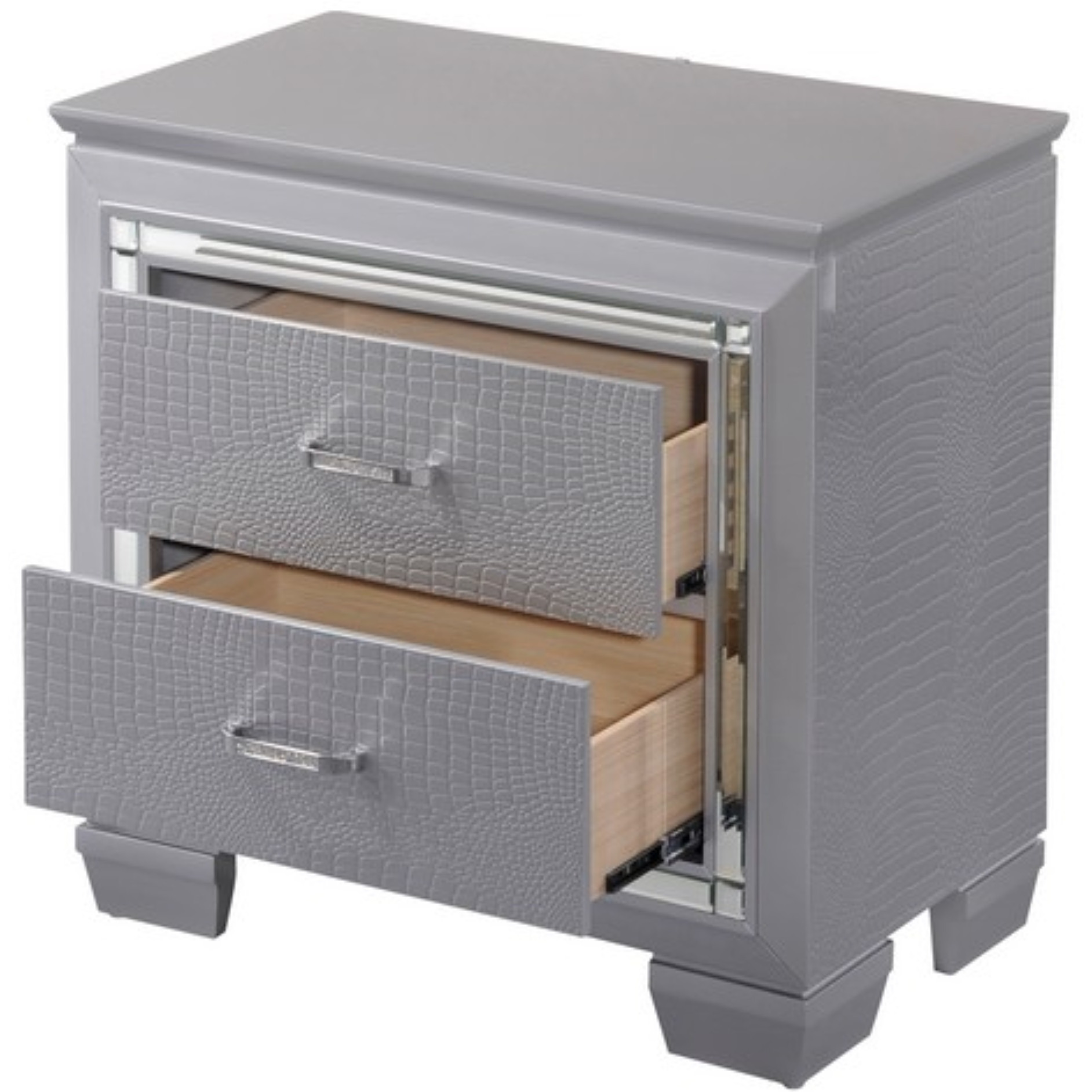 Two Drawer Wooden Nightstand with Textured Details and Mirror Accents, Gray