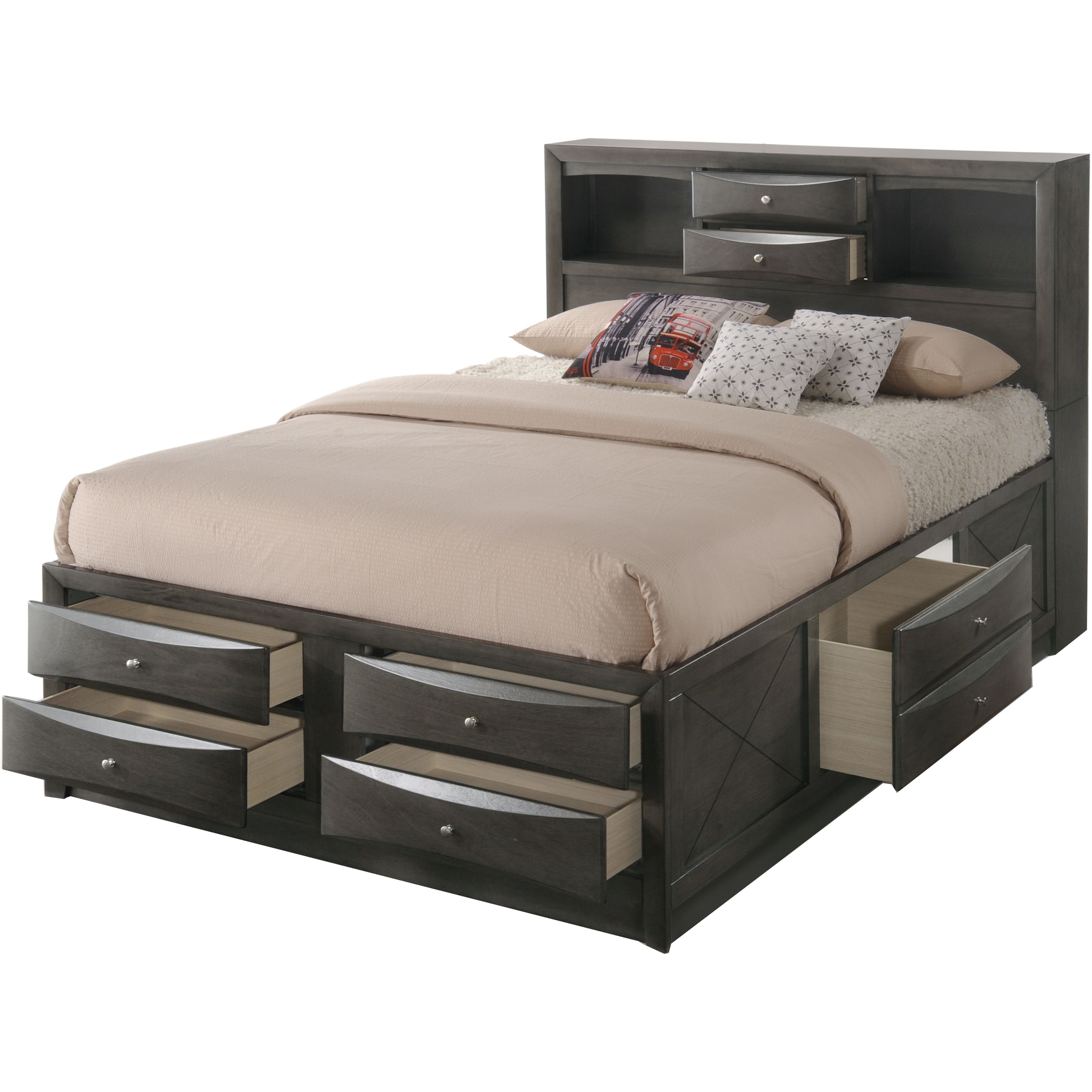 Panel Design Eastern King Size Bed with Bookcase and Drawers, Taupe Brown