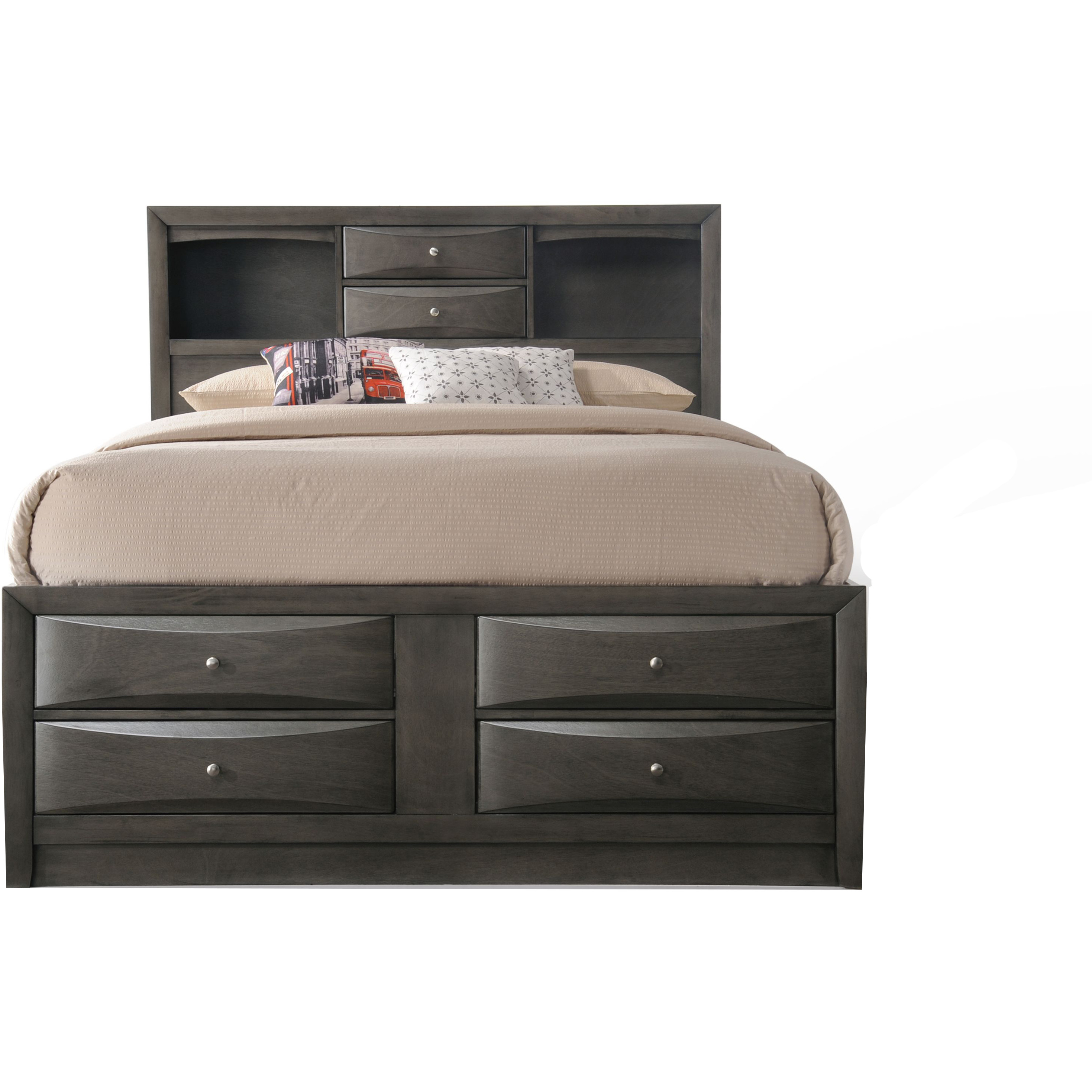Panel Design Eastern King Size Bed with Bookcase and Drawers, Taupe Brown