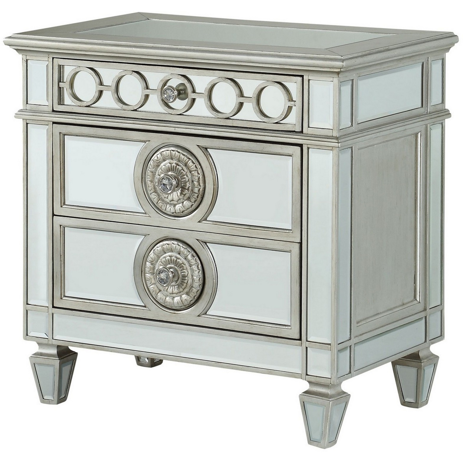 Mirror Accented Wooden Nightstand with 3 Storage Drawers, Silver