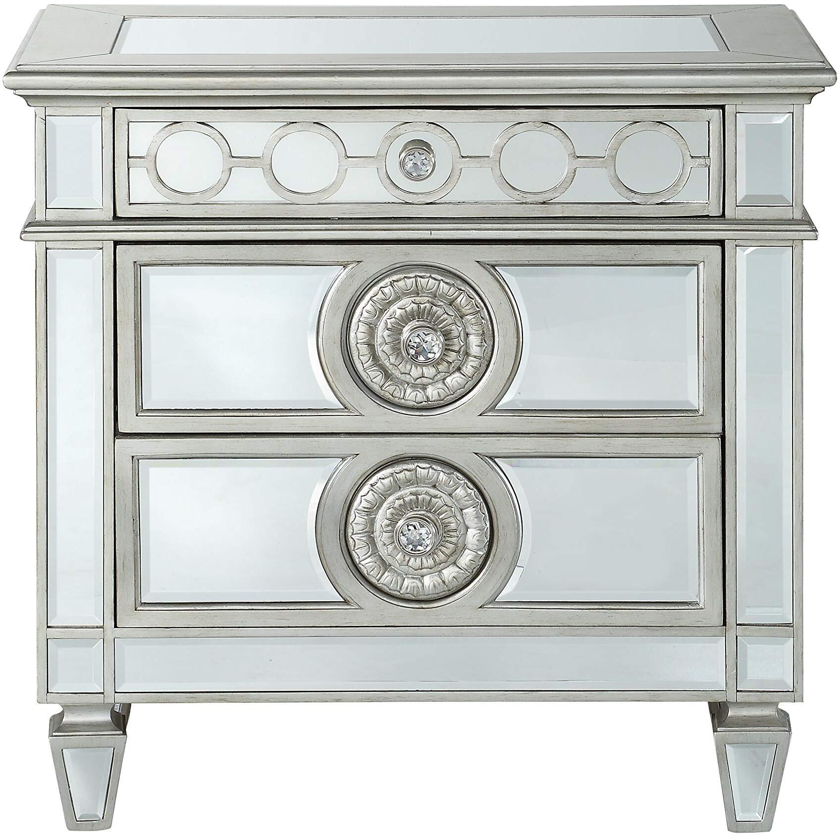 Mirror Accented Wooden Nightstand with 3 Storage Drawers, Silver