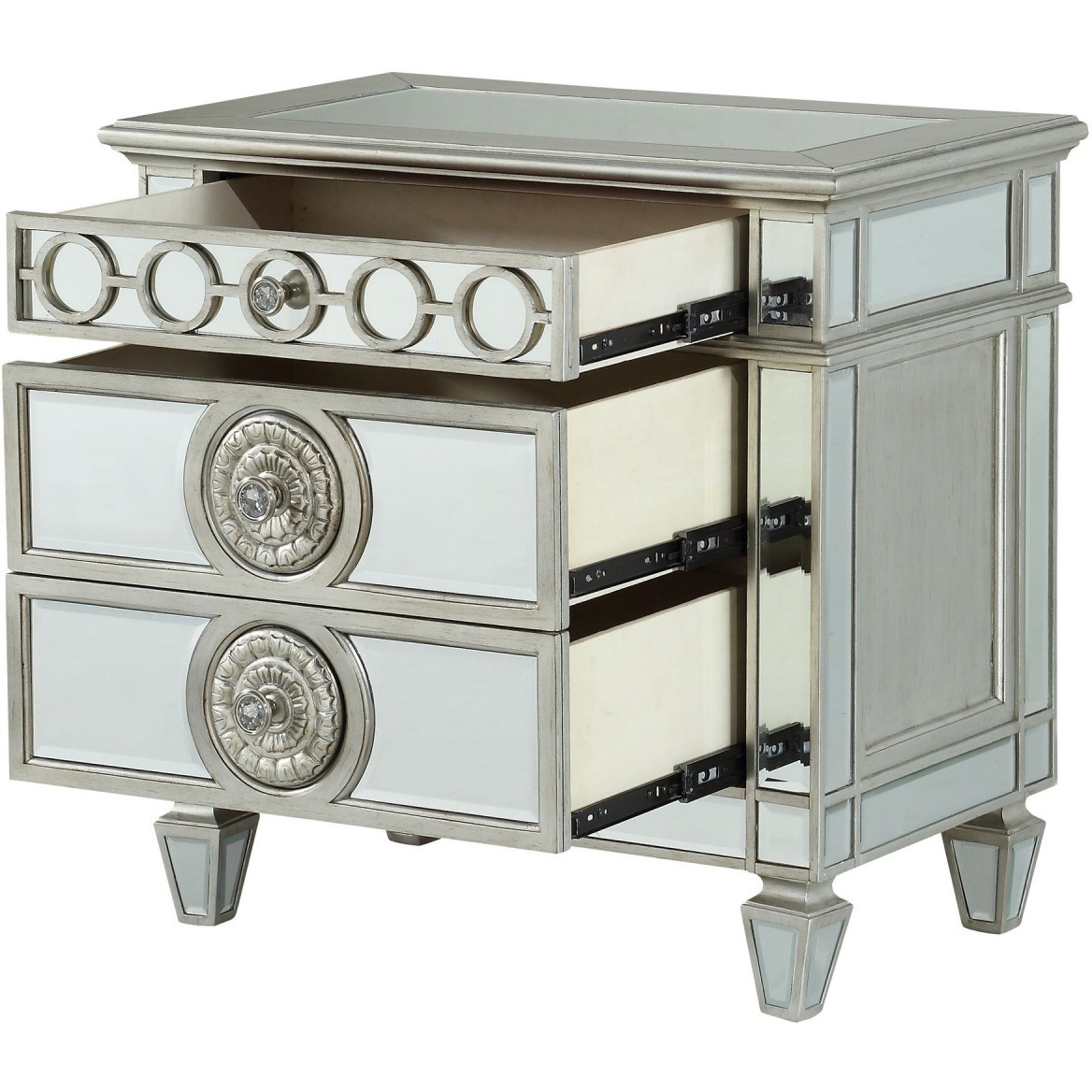 Mirror Accented Wooden Nightstand with 3 Storage Drawers, Silver