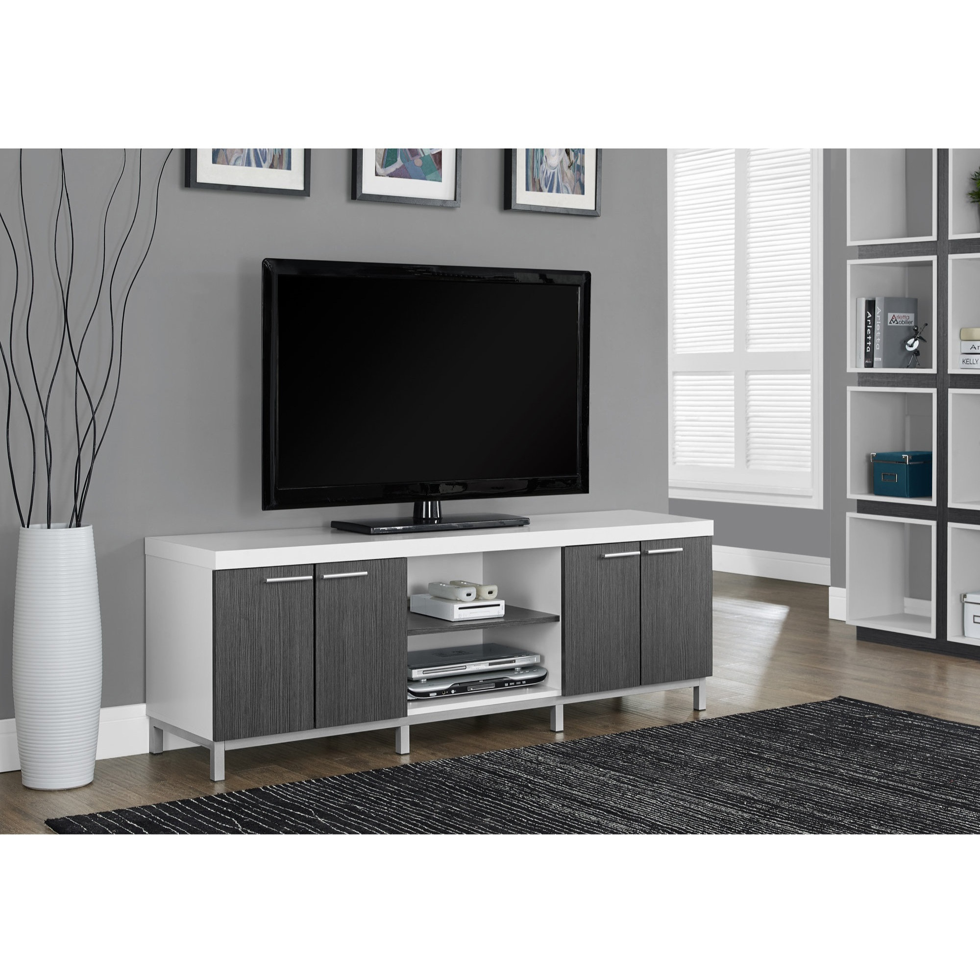 Tv Stand, 60 Inch, Console, Media Entertainment Center, Storage Cabinet, Living Room, Bedroom, Laminate, White, Grey, Contemporary, Modern