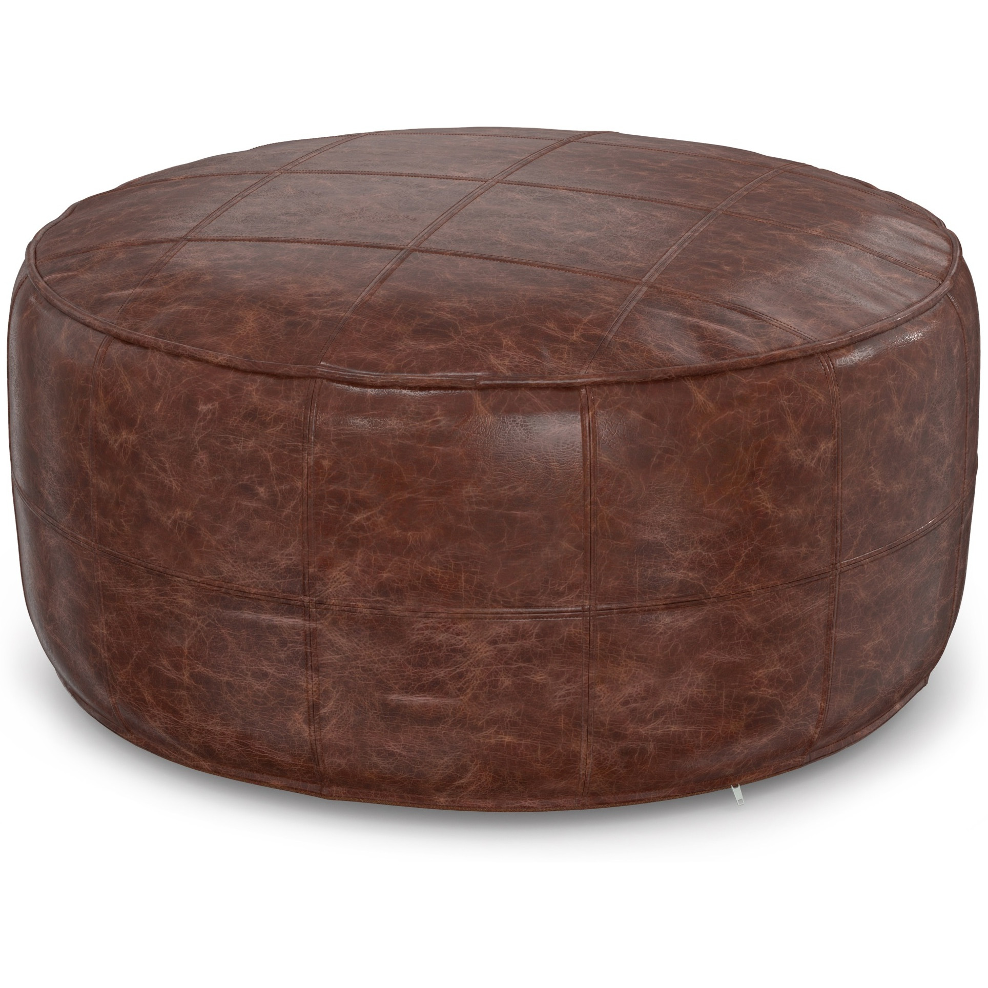 Connor 34 inch Round Coffee Table Pouf in Distressed Brown Genuine Leather