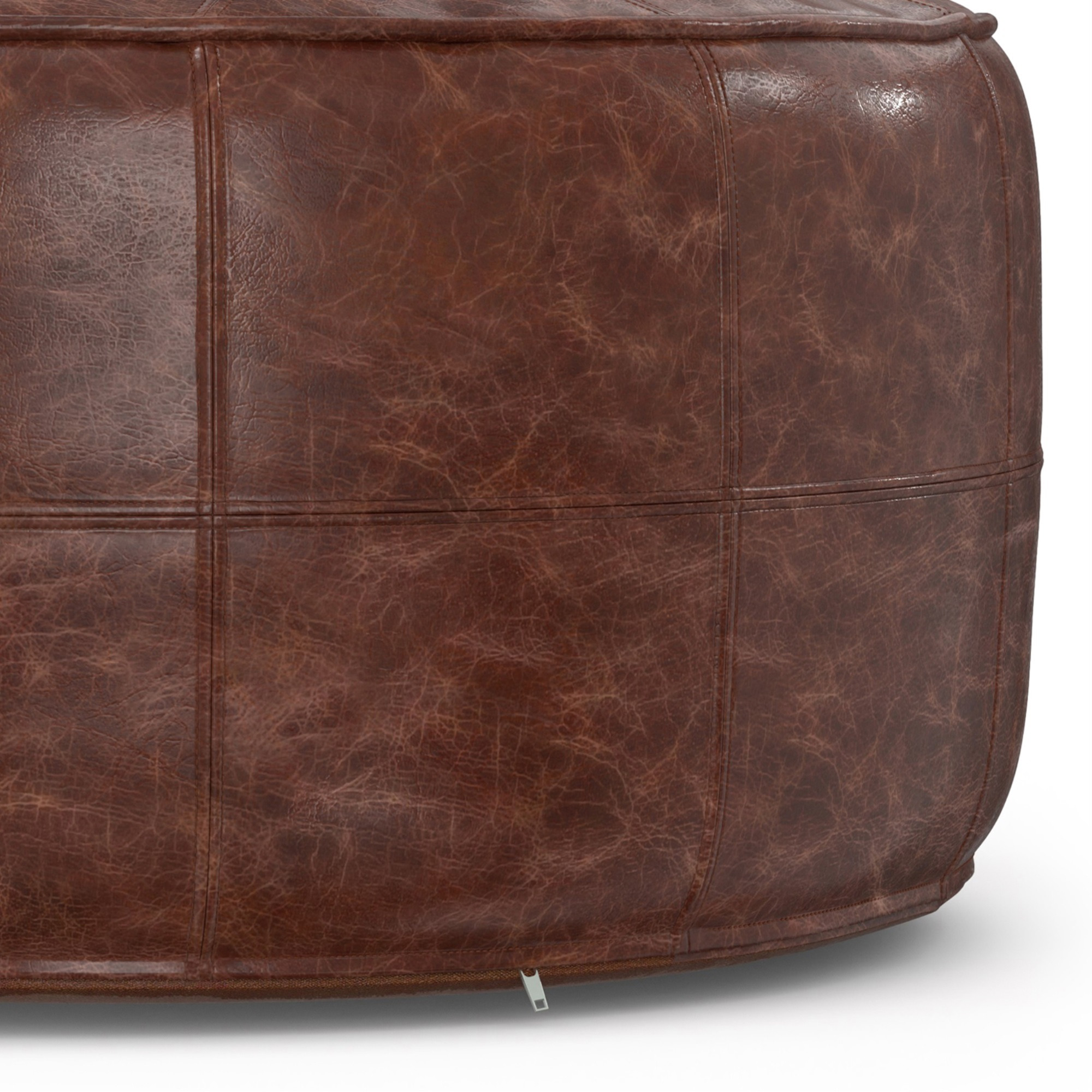 Connor 34 inch Round Coffee Table Pouf in Distressed Brown Genuine Leather