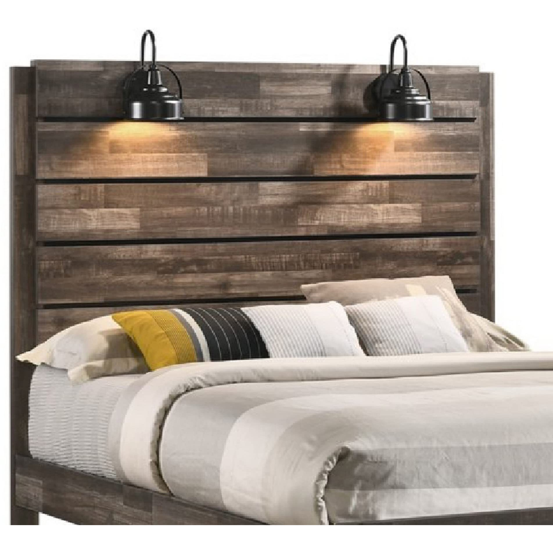 Queen Bed with Rustic Heavy Grain Details and 2 Attached Lanterns, Brown