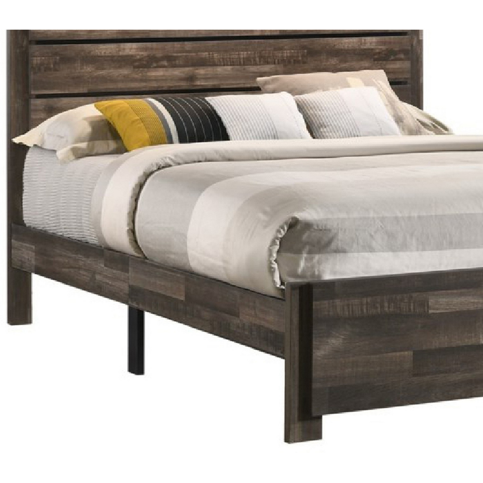 Queen Bed with Rustic Heavy Grain Details and 2 Attached Lanterns, Brown